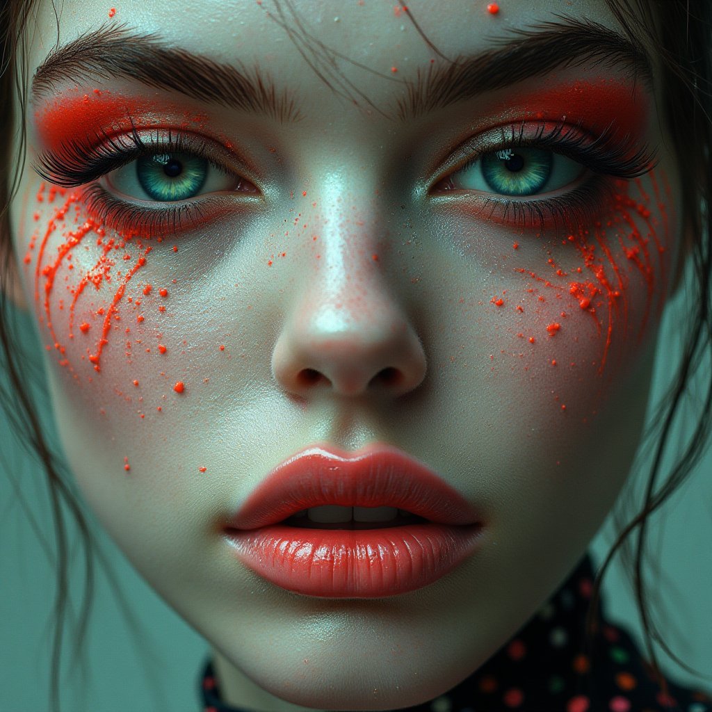 A snapshot of a retro-futuristic, sci-fi, surreal, psychedelic, neon green, pink, polka-dot pattern, exaggerated features, eerie, smooth texture, animalistic eyes, abstract background, 1970s aesthetic, porcelain skin, bleeding makeup, space-age.