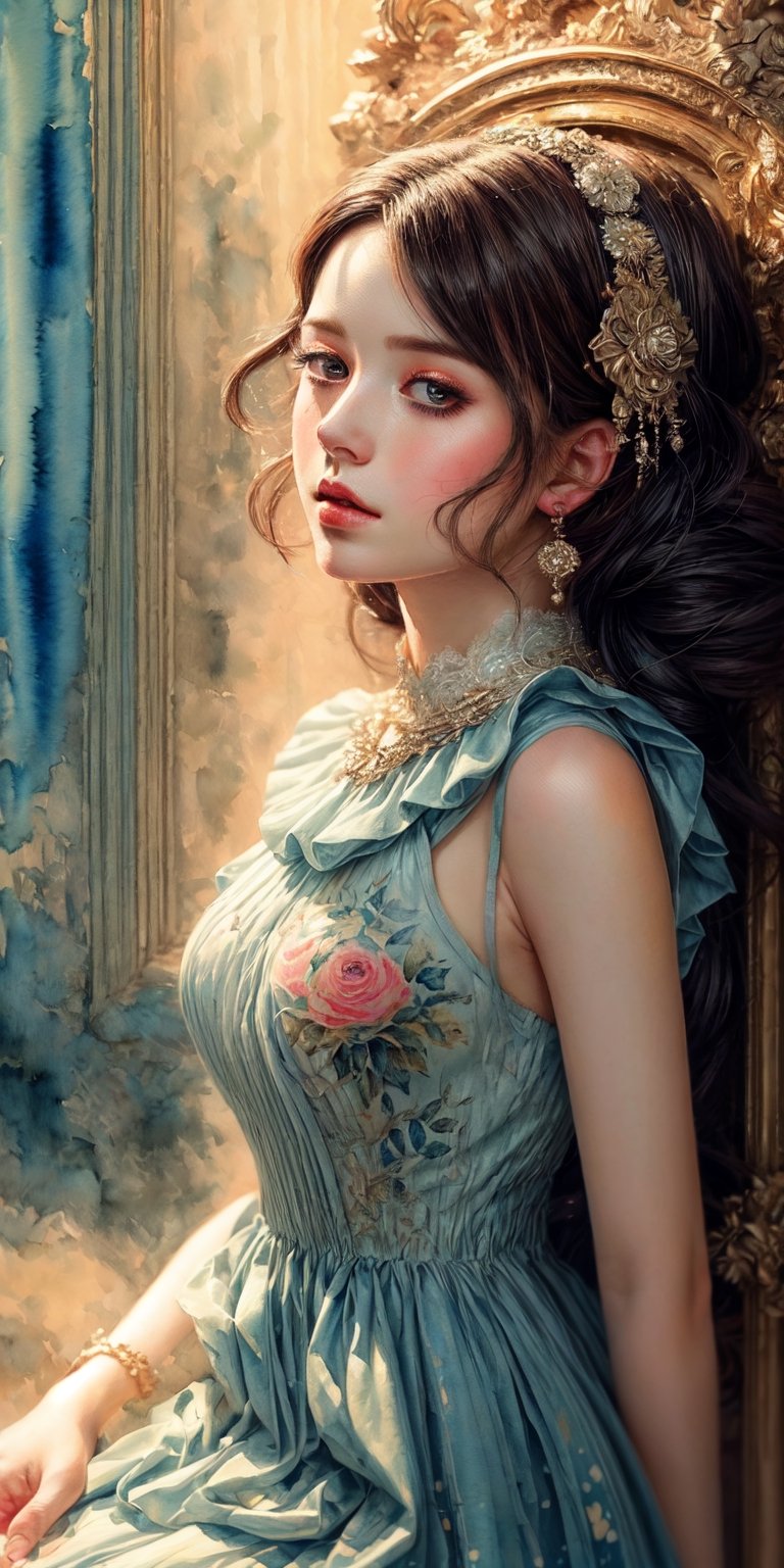 (closeup shot),(masterpiece, best quality, high quality, highres, ultra-detailed),1 girl,(colorful dress+intricate details),(complex detailed:1.3), magical+fantasy theme, colorful tone,high contrast,elegant, (watercolor style:1.5),watercolor, vibrant color,(mixing of realistic+watercolor), by Thomas Moran 