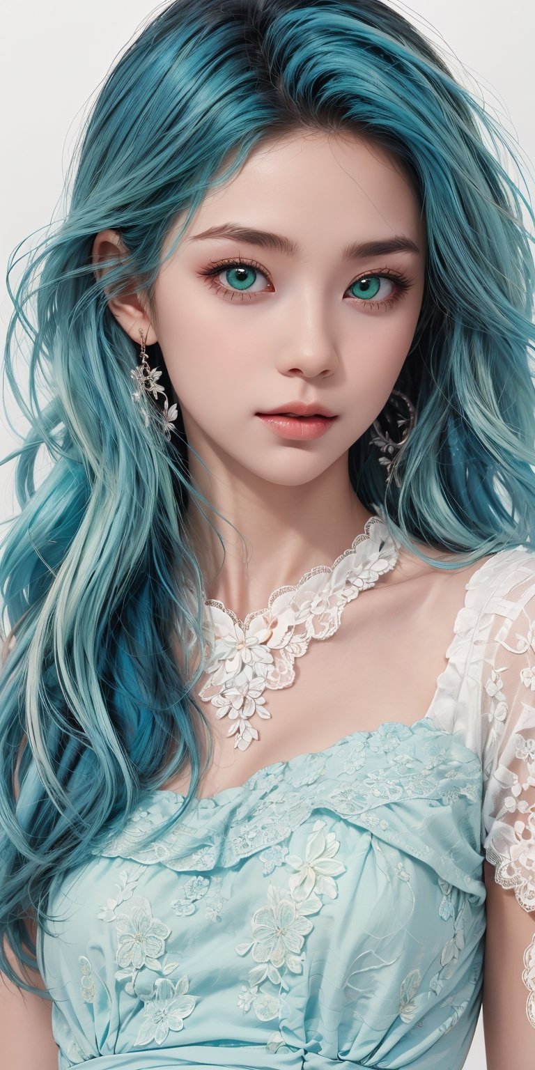 (1cute girl), long blue curly hair, green eyes, wearing a beautiful baby blue lace dress. White skin, splat art background, eye_detail, background_detail, face_detail, hair_detail, more_detail, add_detail, adddetailed, cute_face,