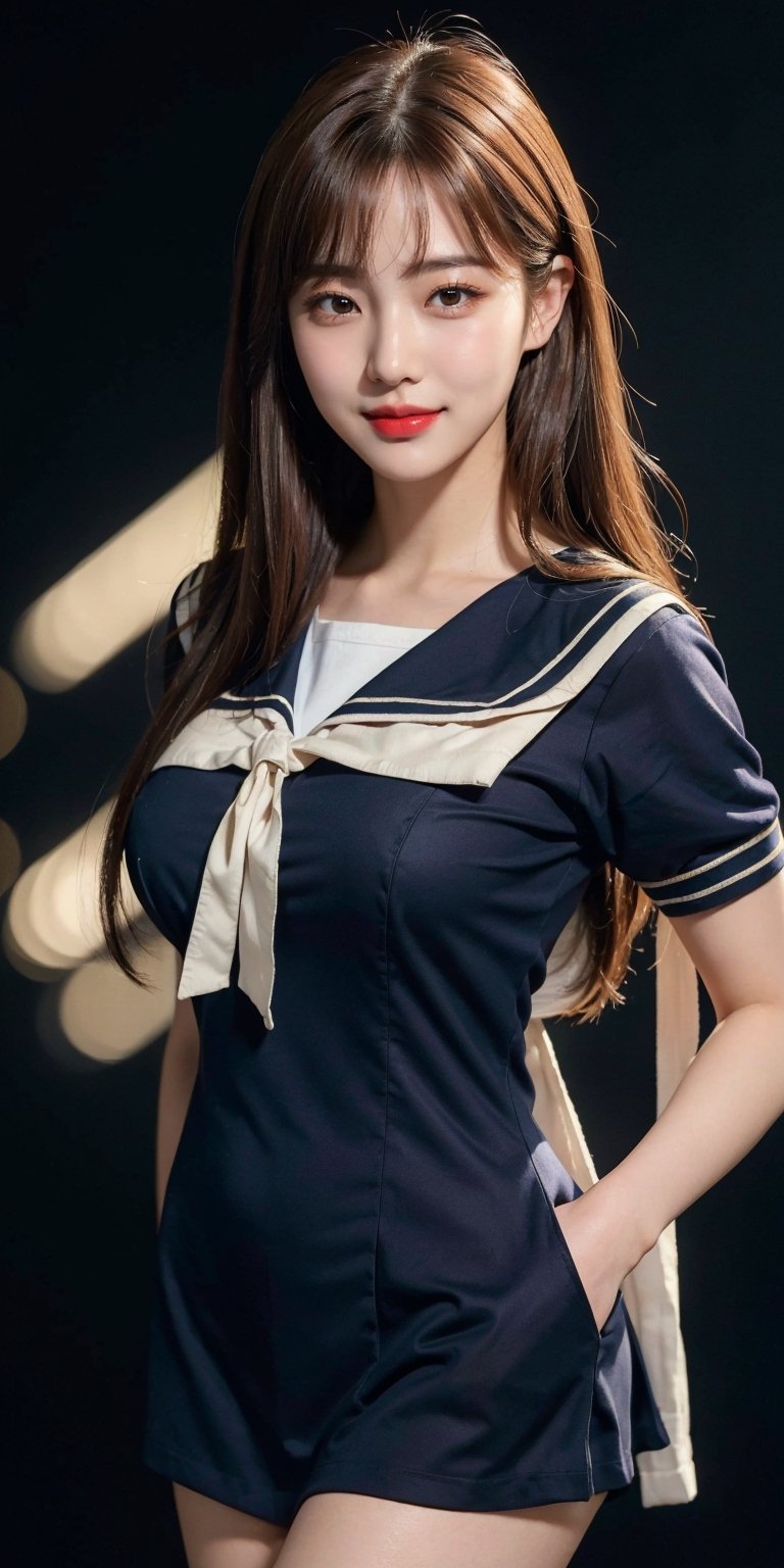 (Masterpiece, best quality, 8k RAW photo, photorealistic:1.37), 1girl, korean, light smile, long hair, brown hair, medium breast, sailor outfit, sailor uniform, dynamic lighting, black background, intricate detailed, finely detailed, cowboy_shot