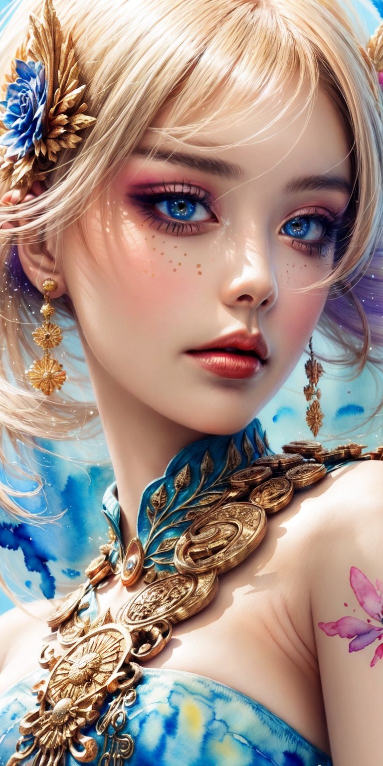 (closeup shot),(masterpiece, best quality, high quality, highres, ultra-detailed),1 girl,(colorful dress+intricate details),(complex detailed:1.3), magical+fantasy theme, colorful tone,high contrast,elegant, (watercolor style:1.5),watercolor, vibrant color,(mixing of realistic+watercolor), by Thomas Moran 