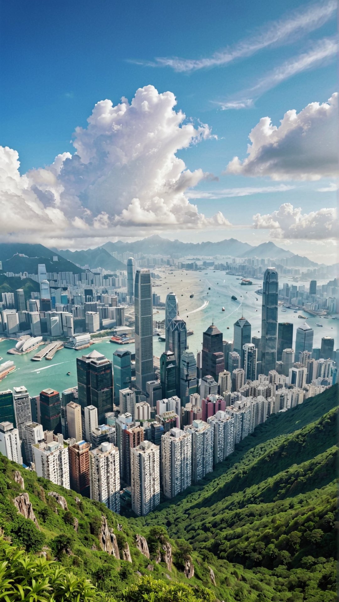 Hong Kong mountain in a beautiful city landscape, UHD, 3D Render Style,Extremely Realistic