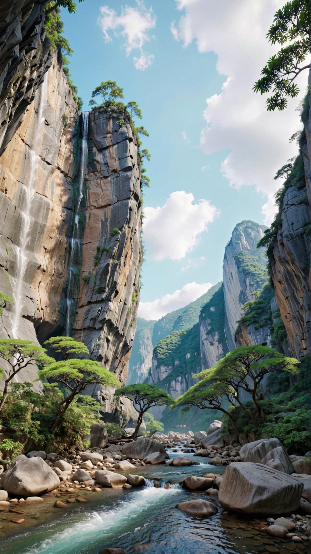 Hong Kong Lion Rock in a beautiful landscape next to a beautiful stream with a waterfall, UHD, 3D Render Style,Extremely Realistic