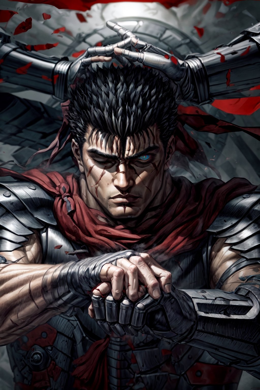 Guts\(Berserk\), one eye closed, masculinity, scar, male focus, red aura, ((Berserker armor)), (black armor),((Berserk)) , (((red aura))), crazy Void, glowing eyes, fear\(theme\), {{details}},clear eyes, one eye closed,