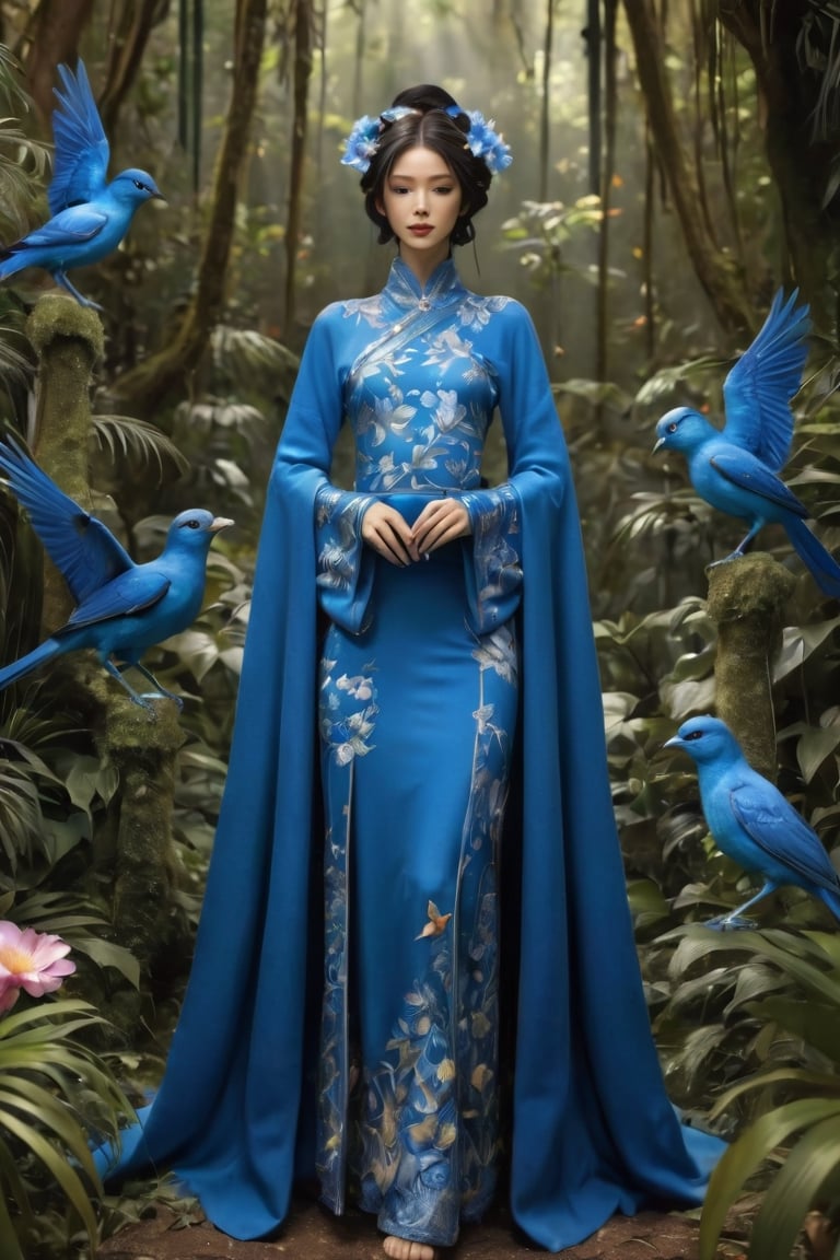 Full body,fashion photography portrait of blue human avatar, in blue lush jungle with flowers and birds, 3d render, cgi, symetrical, octane render, 35mm, bokeh, (intricate details:1.12), hdr, (intricate details, hyperdetailed:1.15), (natural skin texture, hyperrealism, soft light, sharp:1.2),LinkGirl, H Cup,DonMC3l3st14l3xpl0r3rsXL, ZCUP, ,FilmGirl,jyutaku,winterhanfu