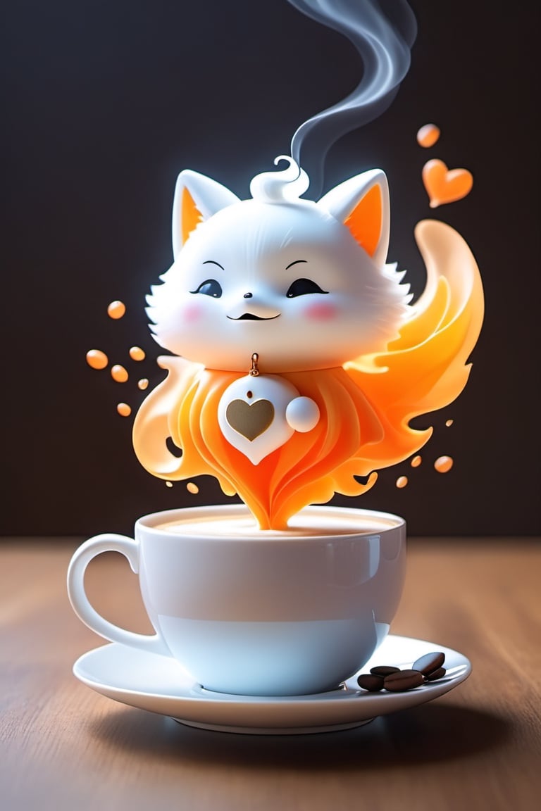 a cup of coffee, Steam shaped as a Ghost, a digital rendering, by Goro Fujita, Shutterstock, orange fog, beans, super cute, stock photo,NYFlowerGirl,Xxmix_Catecat,sticker,Spirit Fox Pendant