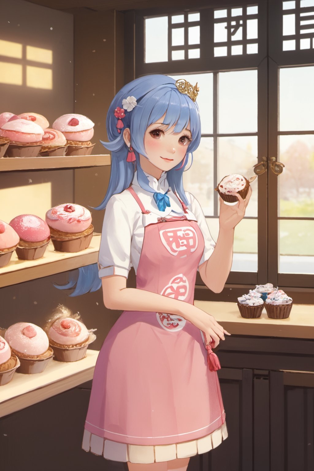 (masterpiece,  best quality,  highres:1.3), ultra resolution image,  (1girl),  (solo),  kawaii, pink hair, blue, (sweet charm:1.4),  pies,  fresh baked bread, macarons, wooden shelves with cupcakes, bakery, shop, scenery, soft, cozy, glitter,Kanna Kamui, ,Hori,1 girl,jennie,little_cute_girl,long hair, z cup,ancient_chinese_indoors,cosplay costume,bifang,mecha,no_humans,scenery,LinkGirl