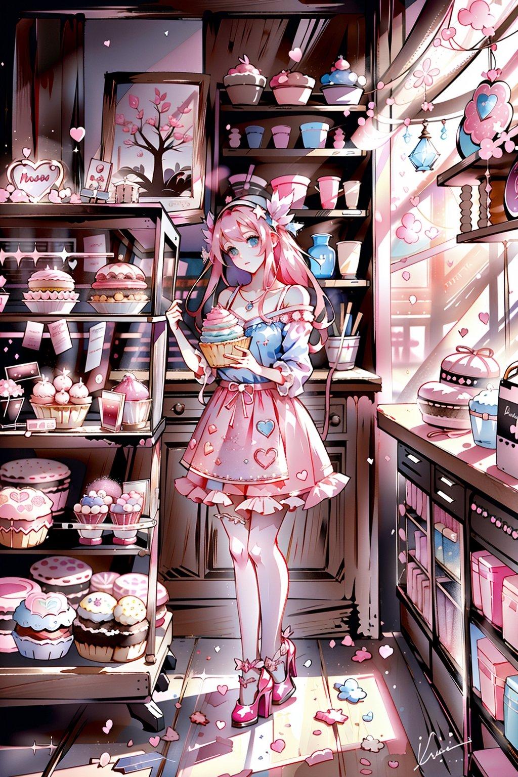 (masterpiece,  best quality,  highres:1.3), ultra resolution image,  (1girl),  (solo),  kawaii, pink hair, blue, (sweet charm:1.4),  pies,  fresh baked bread, macarons, wooden shelves with cupcakes, bakery, shop, scenery, soft, cozy, glitter,Kanna Kamui, ,Hori,1 girl