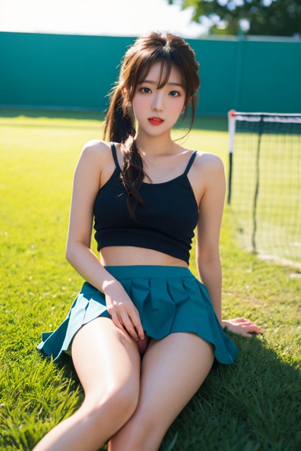 20 years old korean girl, korean idol style,masterpiece, best quality, photorealistic, raw photo, 1_girls,long_ponytail,medium_breasts,sexy pose,naked,unclothed,tennis skirt,detailed skin, pore, low key,
a green lawn,real hands,spreading_leg,very wide spreading leg,female_masturbation,masterbating,jerking_off,pussy,pussy_lips,seducing_face,seductive_pose,on_stomach,little_cute_girl,blurry_light_background,Korean,Beauty,Sexy