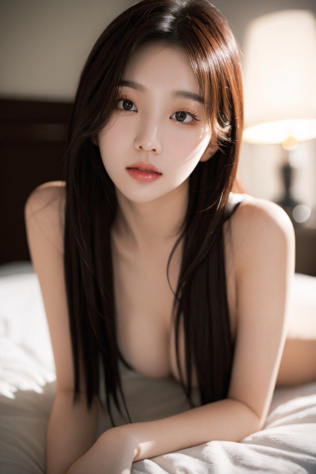 20 years old korean girl, korean idol style,masterpiece, best quality, photorealistic, raw photo, 1girl,long hair,unclothed,naked,seducing_eyes,detailed skin, pore, low key,lying on the bed,bedroom,sexy_pose,little_cute_girl,blurry_light_background,Korean,Beauty,Sexy