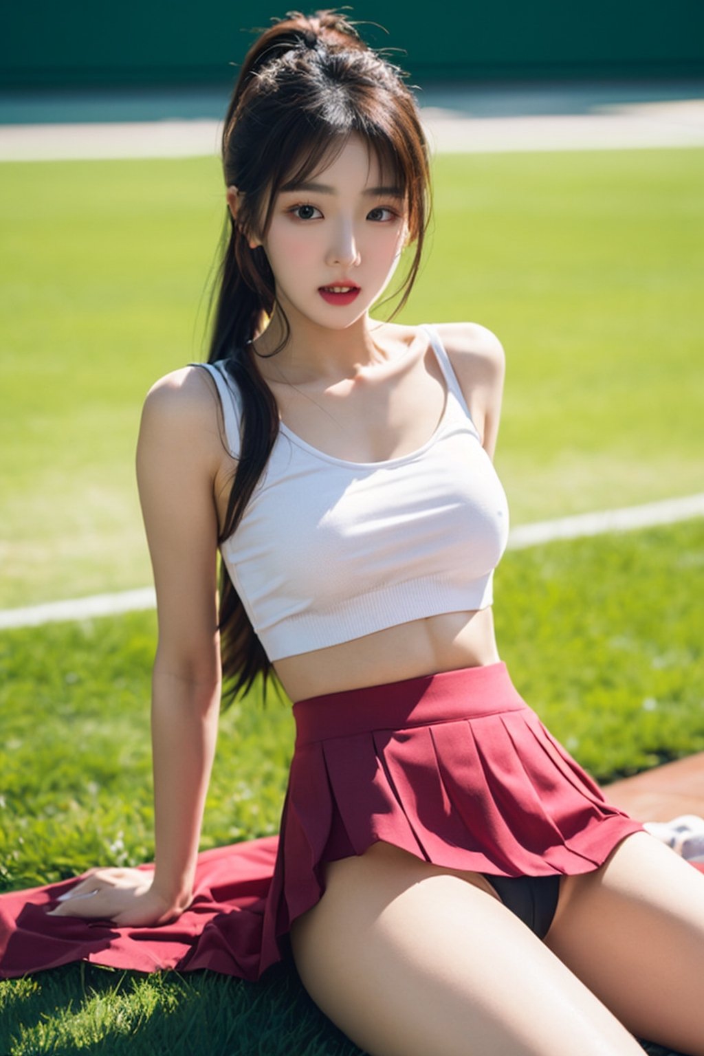 20 years old korean girl, korean idol style,masterpiece, best quality, photorealistic, raw photo, 1_girls,long_ponytail,medium_breasts,sexy pose,naked,unclothed,nippels,tennis skirt,detailed skin, pore, low key,
a green lawn,real hands,spreading_leg,very wide spreading leg,female_masturbation,masterbating,jerking_off,pussy,pussy_lips,seducing_face,seductive_pose,on_stomach,little_cute_girl,blurry_light_background,Korean,Beauty,Sexy