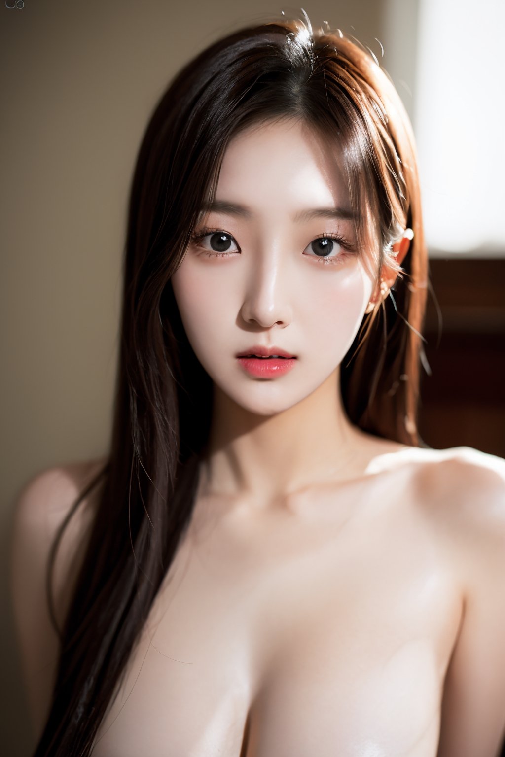 20 years old korean girl, korean idol style,masterpiece, best quality, photorealistic, raw photo, 1girl,long hair,unclothed,naked,seducing_eyes,detailed skin, pore, low key,bedroom,have_sex,little_cute_girl,blurry_light_background,Korean,Beauty,Sexy