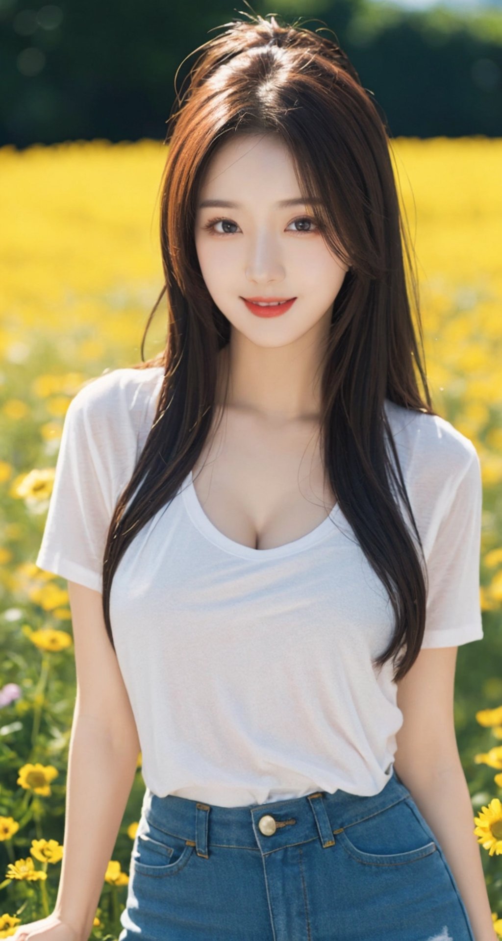 Masterpiece, highest quality, realistic, very fine details, high resolution, 8K wallpapers), 1 beautiful woman, Korean, bright smile, long black hair, sharp focus, medium breasts, brown eyes, beautiful eyes, detailed and realistic skin texture, height 174, front shot, full body shot,sexy pose,seductive_pose, cosmos flower field,bird check pleated mini skirt, cleavage t-shirt