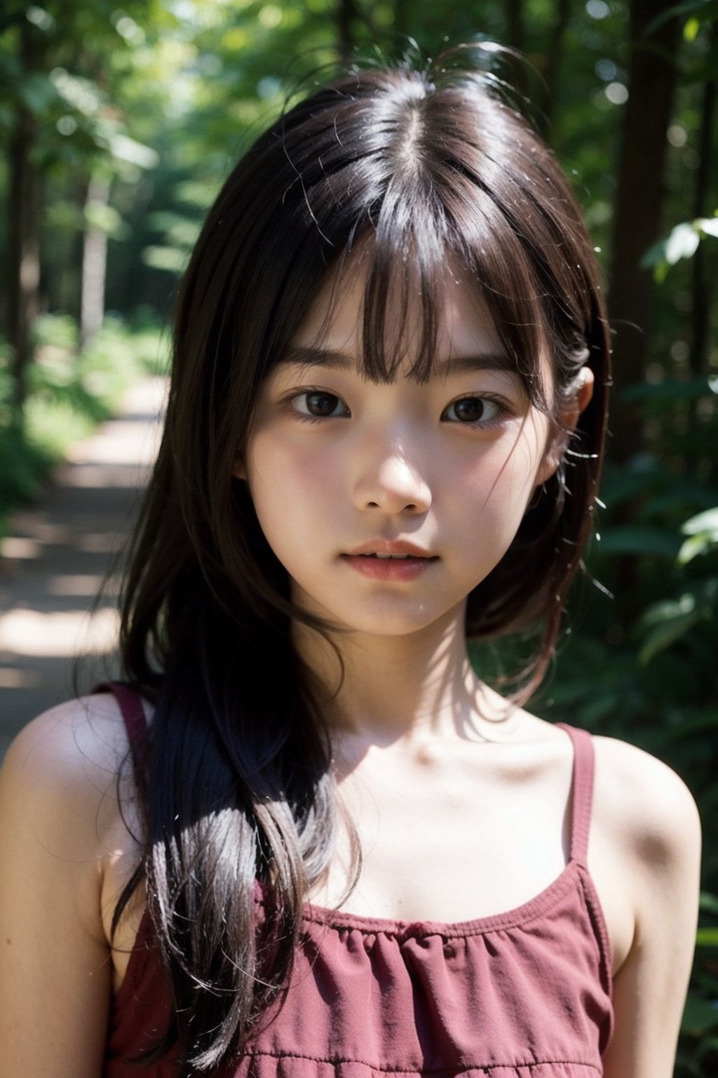 (((deep in the woods))),(looking at the audience),
(((Only the face enters the camera))), 
人：1 korean young girl,(young girl of elementary school age),Pure and restrained young girl,A young girl of primary school age,(a very beautiful and innocent young girl),(10 years old),
優：High resolution, realistic and delicate high texture,Warm and realistic delicate texture,
體：The body of a reasonable young girl,()child's body:1.3),
髮：(bangs),long hair,