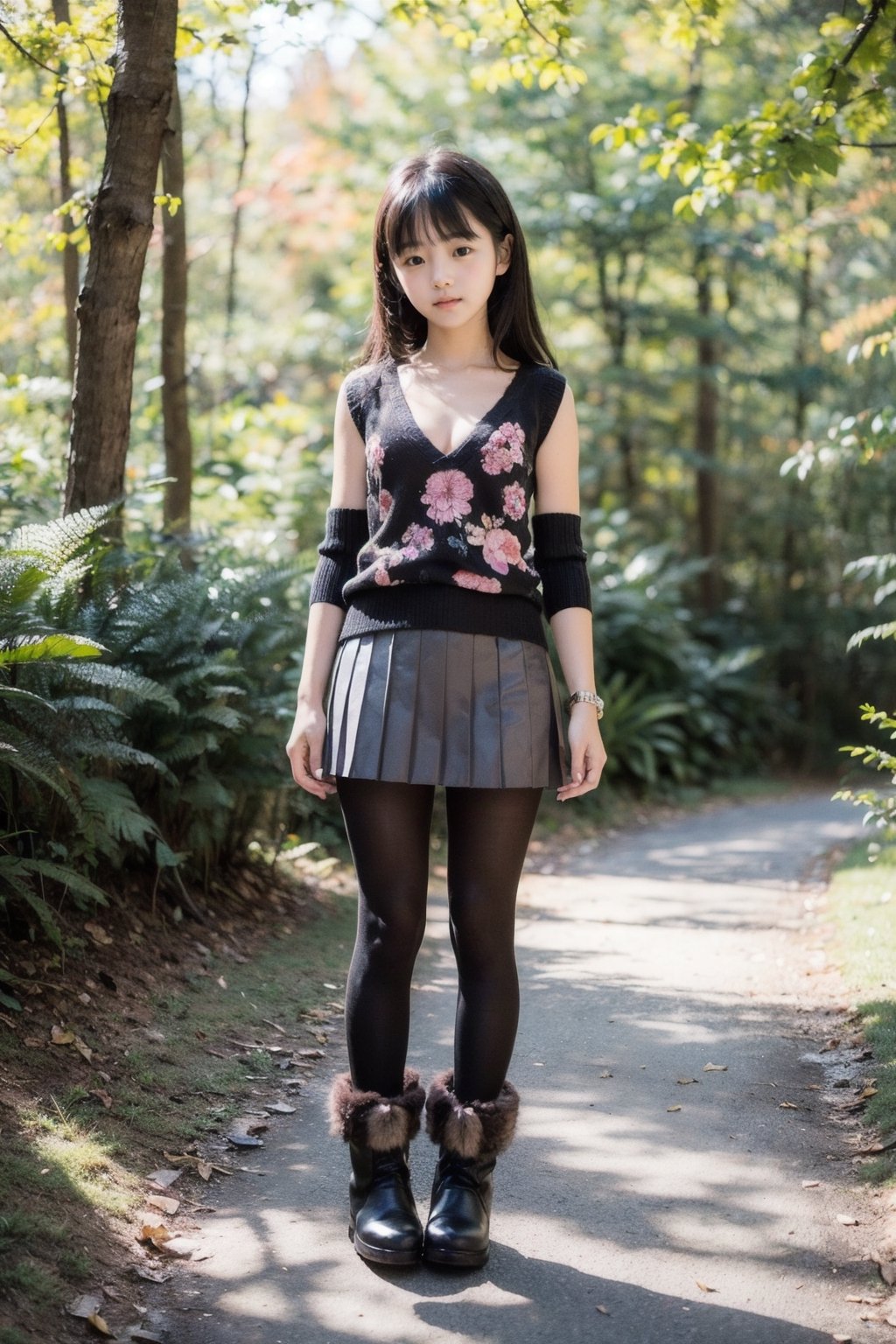 景：(Next to the creek deep in the woods in autumn),
主：(((Full body image))),((from below)),
姿：(((standing))),
人：(((Beautiful little girl in the image of a toddler:1.4))),
體：(Beautiful girly body proportions),(Beautiful and tall legs),
髮：(((bangs))), 
服：(((Low-cut collarless and sleeveless sweater with floral pattern))), ((lace sleeves)),(((Sheer sleeveless sweater))),(((deep V low neckline))),(((black compression tights))),((Mini pleated skirt)), (((high fur boots))),