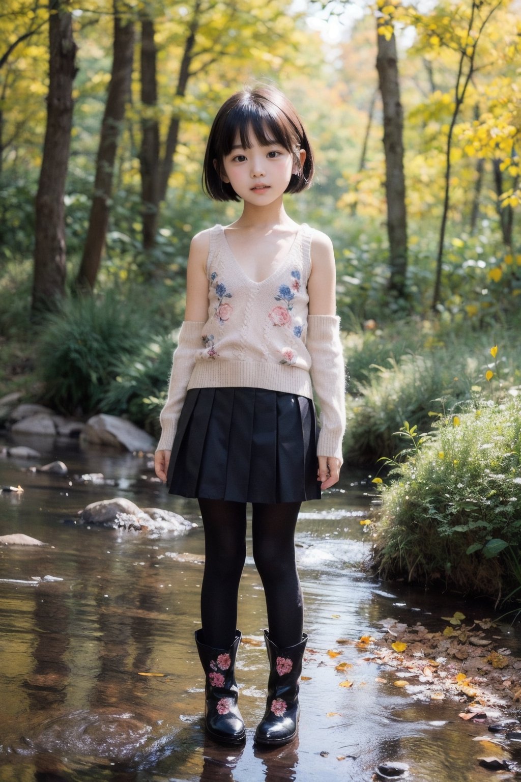 景：(Next to the creek deep in the woods in autumn),
主：(((Full body image))),(from below),
姿：(((standing))),
人：(((Beautiful little girl in the image of a toddler:1.4))),
體：(Beautiful girly body proportions),(Beautiful and tall legs),
髮：(((bangs))), (((very short short hair))),
服：(((Low-cut collarless and sleeveless sweater with floral pattern))), ((lace sleeves)),(((Sheer sleeveless sweater))),(((deep V low neckline))),(((black compression tights))),((Mini pleated skirt)), (((high fur boots))),