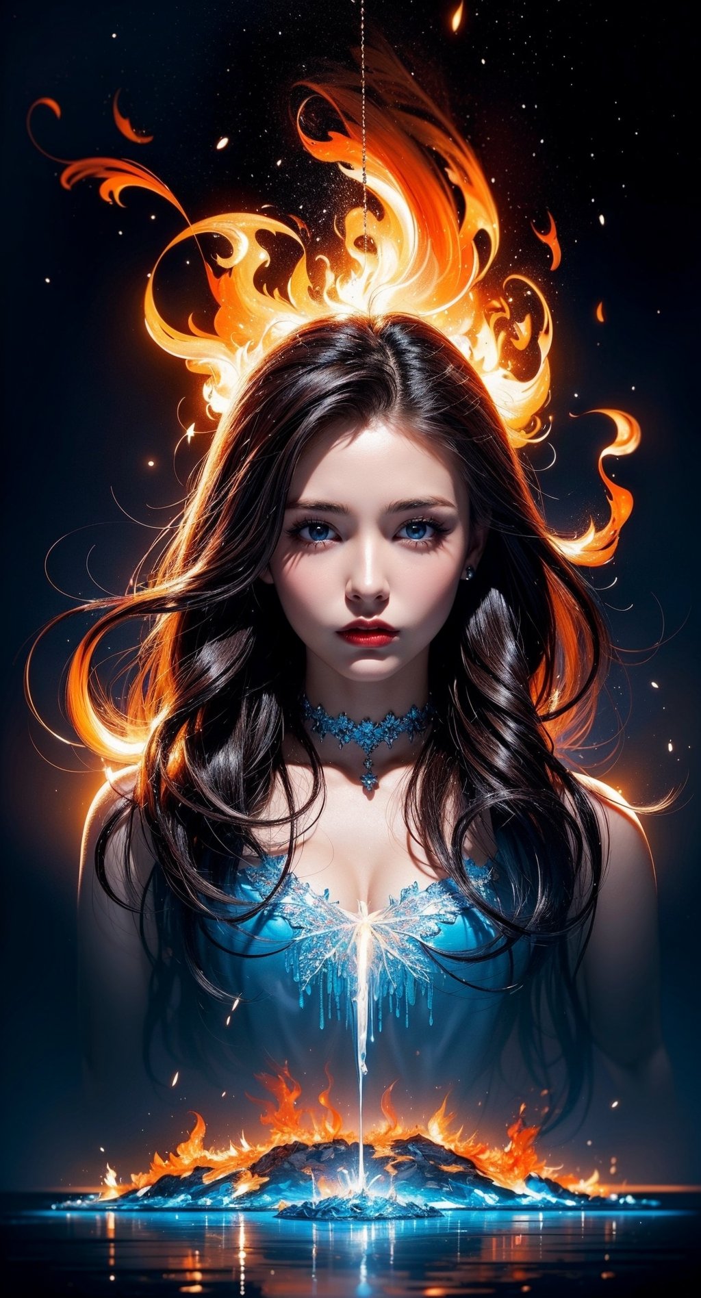 (masterpiece, top quality, best quality, official art, beautiful and aesthetic:1.2), (1girl), extreme detailed, (abstract, fractal art:1.3), long hair, isometric, highest detailed, (fire, water, ice, lightning), ghost,midjourney,1 girl