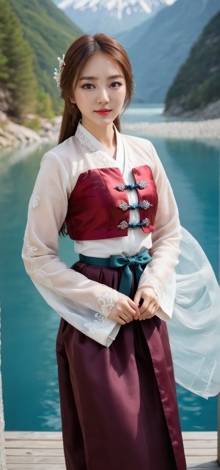 // pose
It is shown from knees to shoulders and is symmetrical when viewed from the front (Kazakhstan's high mountains and glacier-covered lake, feet submerged in water but face and knees floating above water), emphasizing the size of the chest.

// style
1girl, beauty wearing traditional Korean hanbok, dark mascara, big eyes, droopy eyes, dark eyeliner, dark red rouge, red lips, skeletal straight, 8 heads tall, beautiful fingertips, muscles, ((hourglass shape)), intricate details , Advanced, (Advanced: 1.4), Facial perfection, perfect, clean, beautiful expression, beautiful eyes, half-haired, blond, sparkling, smiling, //Features looking at the viewer, (Drooping eyes: 1.2), Well-groomed Teeth, smile, floating head, brown eyes, (narrow eyes: 1.2), Asian woman, big breasts: 1.3, saggy breasts: 1.3,

//personality
Movie scenes, movies, full color, 4k, 8k, 16k, RAW photos, masterpieces, professional-level color grading, professional photos, hair-ups, consideration, (open mouth) 1.3, soft, sharp focus, realistic lighting and shading, ( very detailed and beautiful art) 1.3, graceful and active angles, dynamic poses,

//quality
RAW photo, portrait, highest quality, high resolution, perfect hands, realistic face body, //Background (simple competition full background: 1.2), (highly detailed background, detailed background: 1.3), bokeh, depth of field, (night) :1.5), (in water :1.5),

//fashion
(Wearing transparent Korean hanbok: 1.3), (Incredibly detailed clothing: 1.3)