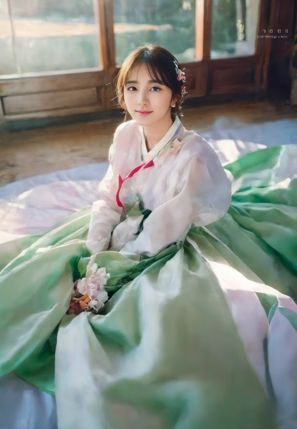 20 year old female, 5 people, (photorealistic), watercolor painting, colorful and bright colors, glowing natural lighting, supernatural 8K wallpaper, ((traditional hanbok)), slim body, ((big breasts)), ((top nude, Transparent bottom pink hanbok)), Looking at the viewer, (HQ skin: 1.4), 8k uhd, dslr, ((full body shot)), ((nude above, transparent pink hanbok below)), (( Seoraksan mountain foliage background) ) ,b3rli ,JIAE,Perfect Eyes