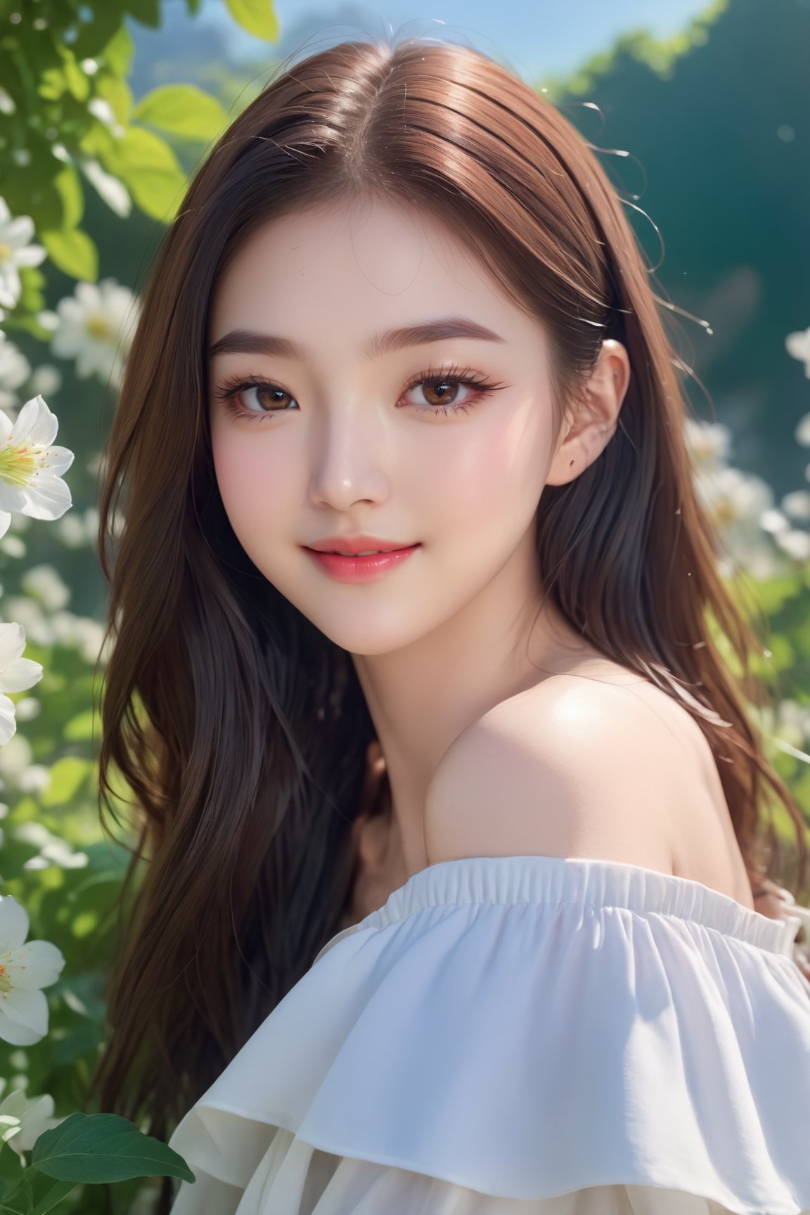 (Highest Quality, Masterpiece:1.5, Ultra High Resolution, 8k, Realistic:1.4), 1girl, Korean, cute smile, off-shoulder, cinematic lighting, beautiful detailed eyes, beautifully detailed lips, long eyelashes, soft skin, flowing hair. , Gorgeous garden background, vibrant colors, sunny atmosphere,