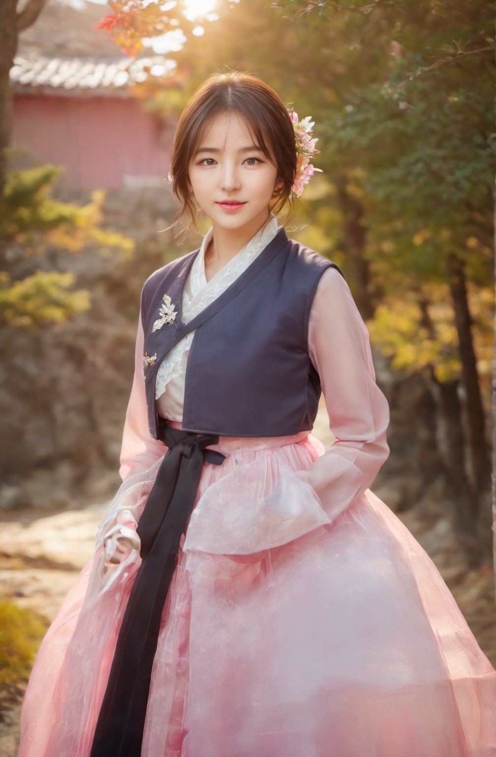 20 year old female, 16K wallpaper, 1 girl, looking at viewer, 16k uhd, dslr, (((big breasts, see-through, transparent pink hanbok skirt,))), ((original photo background, fall foliage background of Mt. Seorak) ),b3rli,Jiae,Perfect Eyes