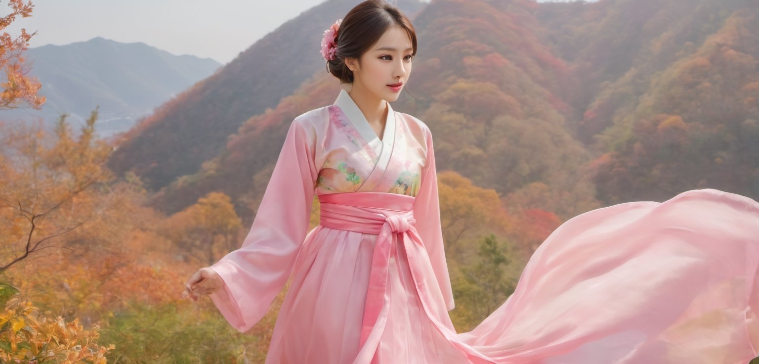 20 year old female, 5 people, (photorealistic), watercolor painting, colorful and bright colors, glowing natural lighting, supernatural 8K wallpaper, ((traditional hanbok)), slim body, ((big breasts)), ((top nude, Transparent bottom pink hanbok)), Looking at the viewer, (HQ skin: 1.4), 8k uhd, dslr, ((full body shot)), ((nude above, transparent pink hanbok below)), (( Seoraksan mountain foliage background) ) ,b3rli ,JIAE,Perfect Eyes