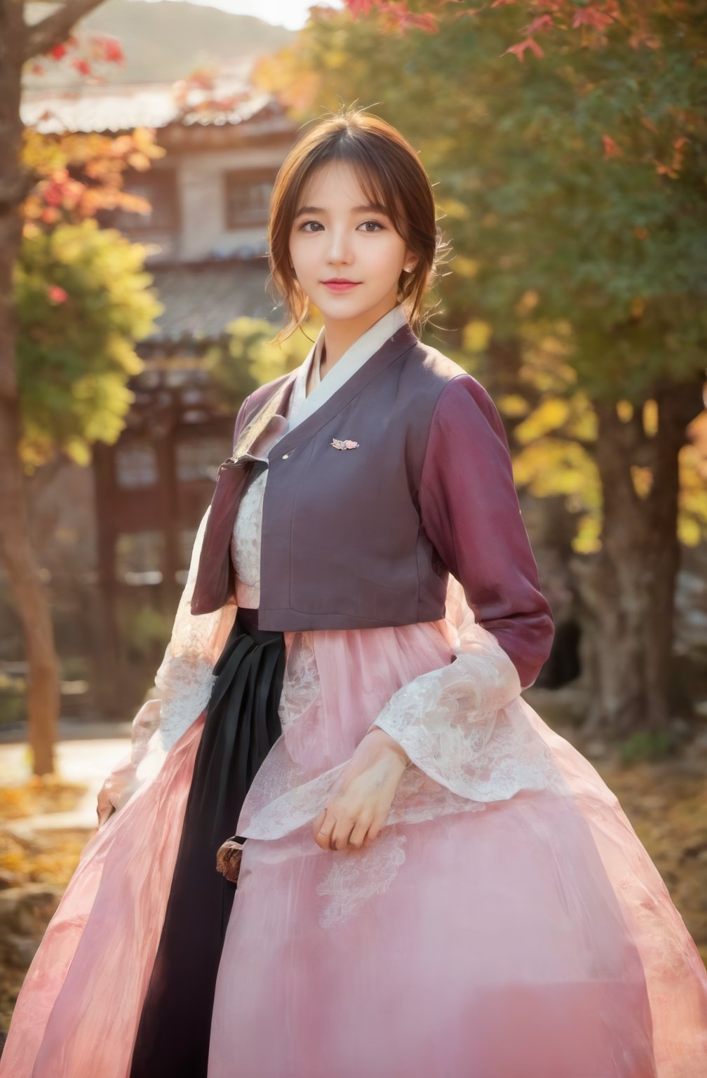 20-year-old female, 16K wallpaper, photo of 3 women in one frame, looking at viewer, 16k uhd, dslr, (((big breasts, see-through, transparent pink hanbok skirt))), (((original photo background, Mt. Seorak Autumn maple background ))),b3rli,Jiae,Perfect Eyes