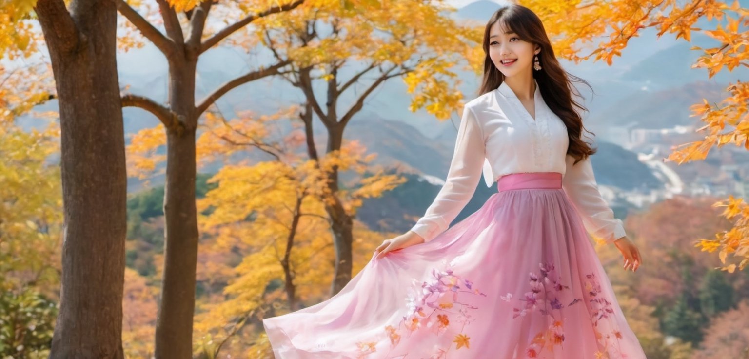 (Full body::1.5),Realistic, masterpiece, highest quality, vivid, 16k, original photo, detailed and beautiful eyes and face, vivid facial expressions, watercolor painting, colorful and bright colors, glowing natural lighting, supernatural, background is autumn leaves of Seorak Mountain in Korea Scenery, 6 women, full body, 22-year-old woman, top exposed, big breasts, see-through bottoms, transparent pink hanbok skirt, transparent white hanbok skirt, transparent purple hanbok skirt and other colors, perfect face, golden ratio, sparkling eyes,FilmGirl,xxmix_girl,beautymix