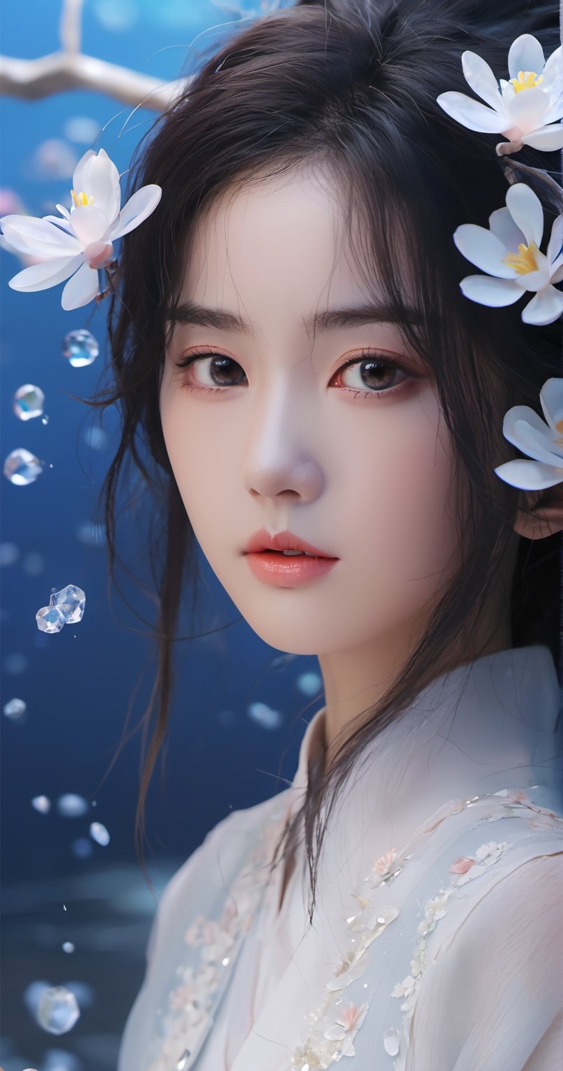 Masterpiece, top quality, official art, highly detailed cg 8k wallpaper, (petals) (detailed ice), crystal texture skin, cold pressed, (black long hair), 15 year old Korean high school girl, messy hair, black eyes, looking Audience, very detailed and beautiful, water, (beautiful eyes), very detailed, movie lighting, (beautiful face), beautiful coral in the tropical sea, (original character painting), very detailed, extremely meticulous, (very delicate and beautiful), beautiful and meticulous eyes, (best quality)
,full body, link girl,xxmixgirl