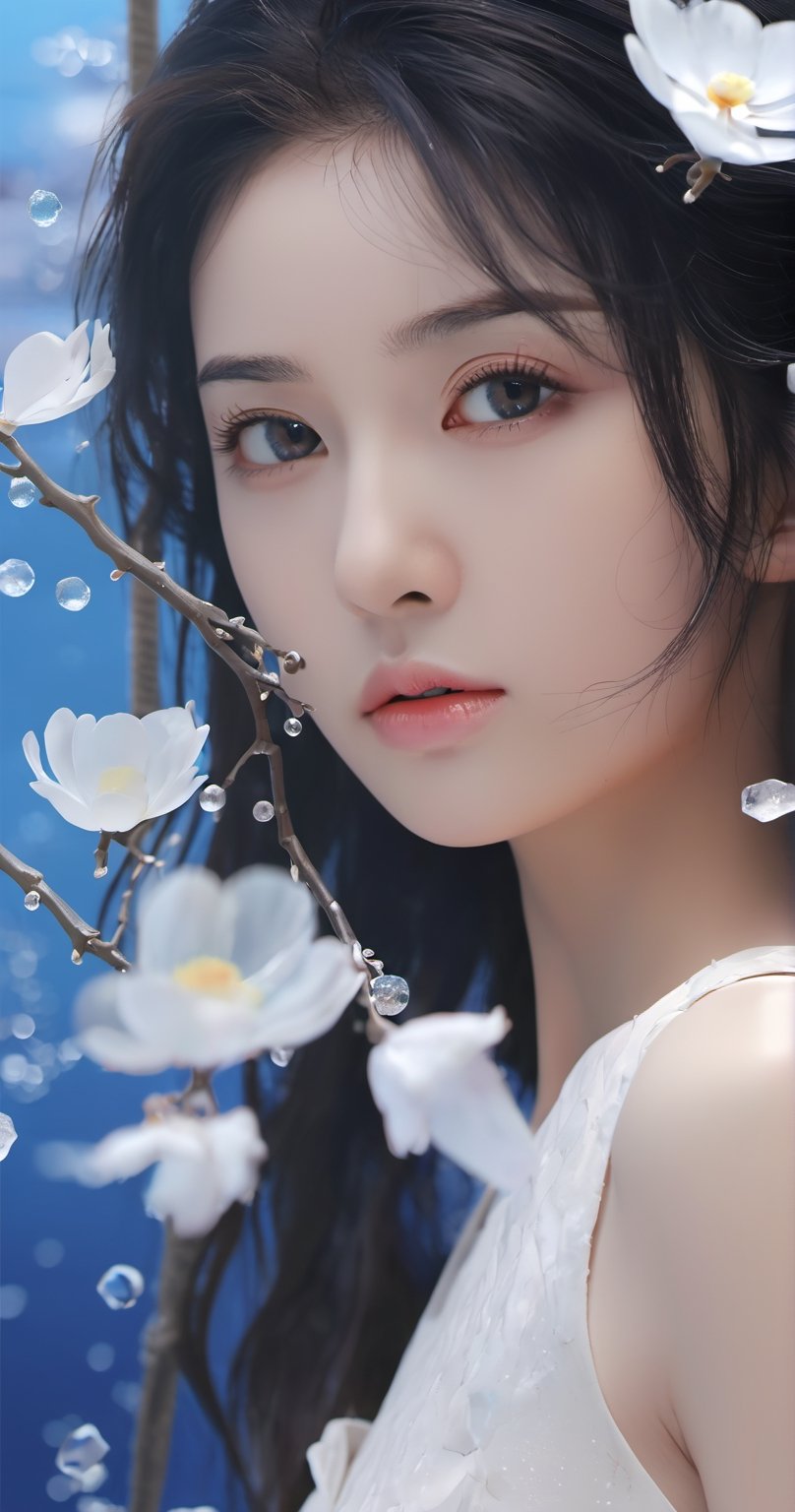 Masterpiece, top quality, official art, highly detailed cg 8k wallpaper, (petals) (detailed ice), crystal texture skin, cold pressed, (black long hair), 15 year old Korean high school girl, messy hair, black eyes, looking Audience, very detailed and beautiful, water, (beautiful eyes), very detailed, movie lighting, (beautiful face), beautiful coral in the tropical sea, (original character painting), very detailed, extremely meticulous, (very delicate and beautiful), beautiful and meticulous eyes, (best quality)
,full body, link girl,xxmixgirl