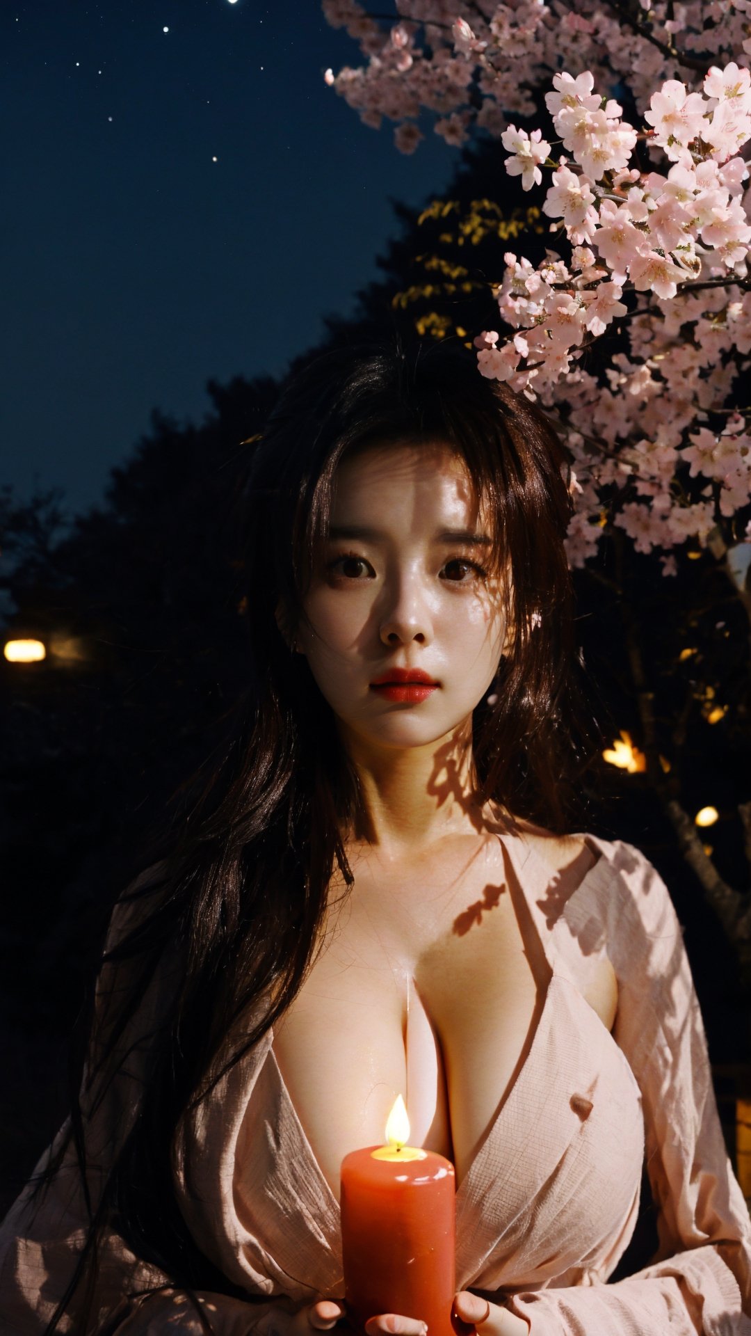 (Realistic lighting, highest quality, 8K, masterpiece), sharp focus, 1 girl, perfect body, (dark brown hair, big breasts), (nude), (outdoor, night), cherry blossom street, moon, milky way, candle Pretty face, pretty eyes, double eyelids, exposed cleavage,Han Hyo Joo