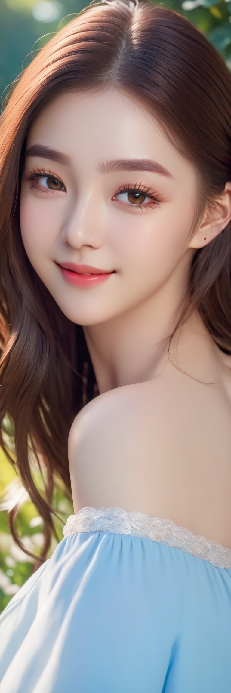 (Highest Quality, Masterpiece:1.5, Ultra High Resolution, 8k, Realistic:1.4), 1girl, Korean, cute smile, off-shoulder, cinematic lighting, beautiful detailed eyes, beautifully detailed lips, long eyelashes, soft skin, flowing hair. , Gorgeous garden background, vibrant colors, sunny atmosphere,