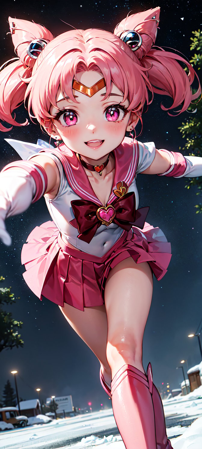 best quality, chibiusa, highres, 1girl, masterpiece, 1girl, pink_hair, ((pink sailor senshi uniform)), ((pink sailor collar)), ((pink skirt)), point of view, double bun, parted bangs, tiara, jewelry, earrings, pink choker, pink bow, white gloves, elbow gloves, night, smile, lights, point of view, happy, looking at viewer, Detailedface, confident, love, caring, appreciate, pride, caring eyes, caring, comfortable, (((extremely detailed cute anime face))), ((innocent anime eyes)), loving, protecting viewer, ((night)), ((kind)), ((good hearted)), ((white gloves)), ((elbow glove)), ((pink boots)), ((pink knee boots)), ((mini skirt)), snow, night, ((stars)), trees, ((fresh color)), ((12 years old)), ((heart brooch)), magical girl, hair ornament, cone hair bun, ((pink eyes)), ((portrait)), ((reaching)), ((open arms towards viewer)), ((incoming hug)), ((running towards viewer)), ((leaning forward)), ((pink waist bow))