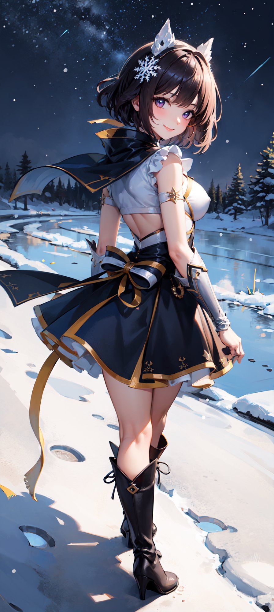 (masterpiece, best quality:1.2), full body, view from side, solo, 1girl,  smile, looking at viewer, tiara, armor costume, breastplate, armor skirt, steel skirt, silver skirt, black steel knee boots, jewelry, brooch, choker, full body, boots, innocent eyes, busty, black bow on back, snow, winter, snowflakes, galaxy sky, full body, snow, night, snowflakes, happy, busty, looking at viewer, Detailedface, confident, love, soft breast, love, caring, smiling, smile, appreciate, point of view,  view from above, closeup, close_up, alert, tension, prepare to battle, prepare to fight, ready to fight, closed_mouth, protecting viewer, bare legs, playful, view from bottom, happy, smile, standing, outdoor, short hair, dark purple hair, small breast, bare legs, from behind, view from behind