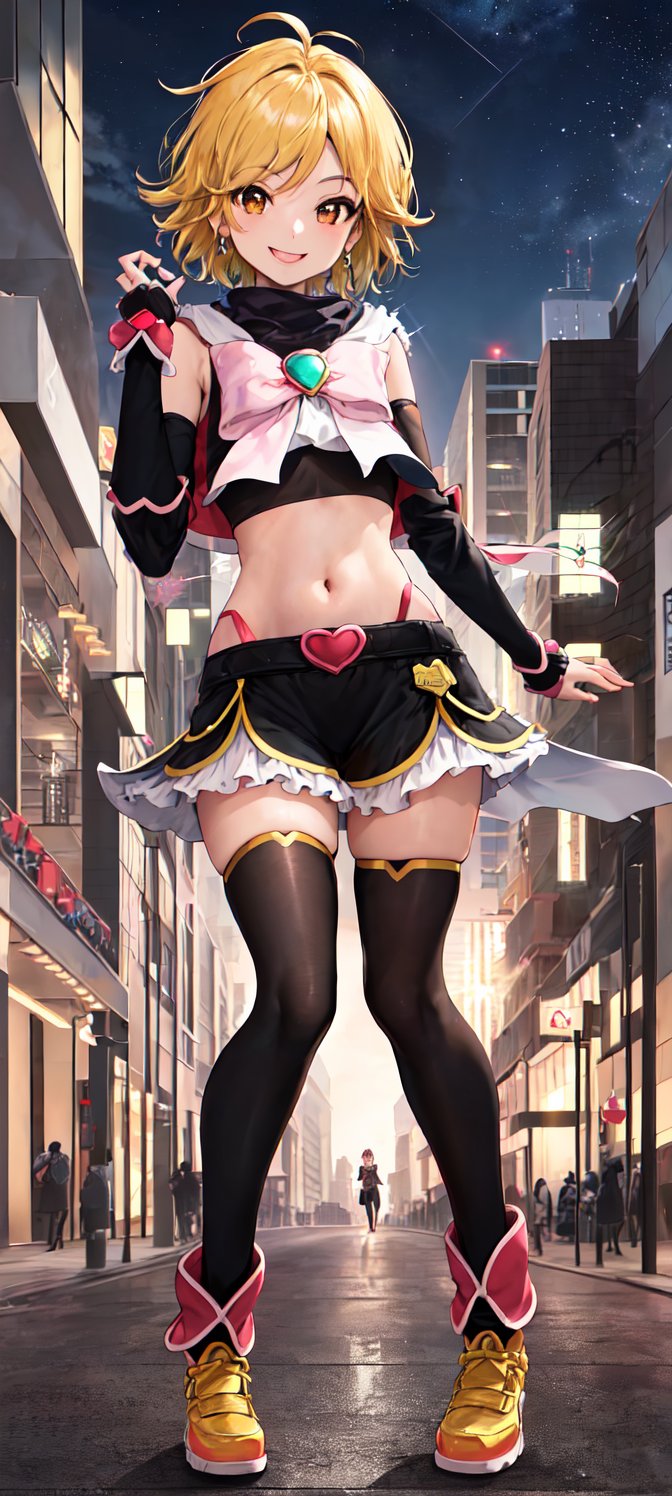 masterpiece, best quality, highres, 1girl, solo, brown eyes, brown hair, dress, short hair, magical girl, brooch, ((full body)), ((big eyes)), stars, ((city)), ((skyscrapers)), night, misumi_nagisa, ((smiling in confident)), ((arm warmer)), ((black leg warmer)), ((energetic)), ((upbeat)), ((spunky)), ((street)), ((crop top))