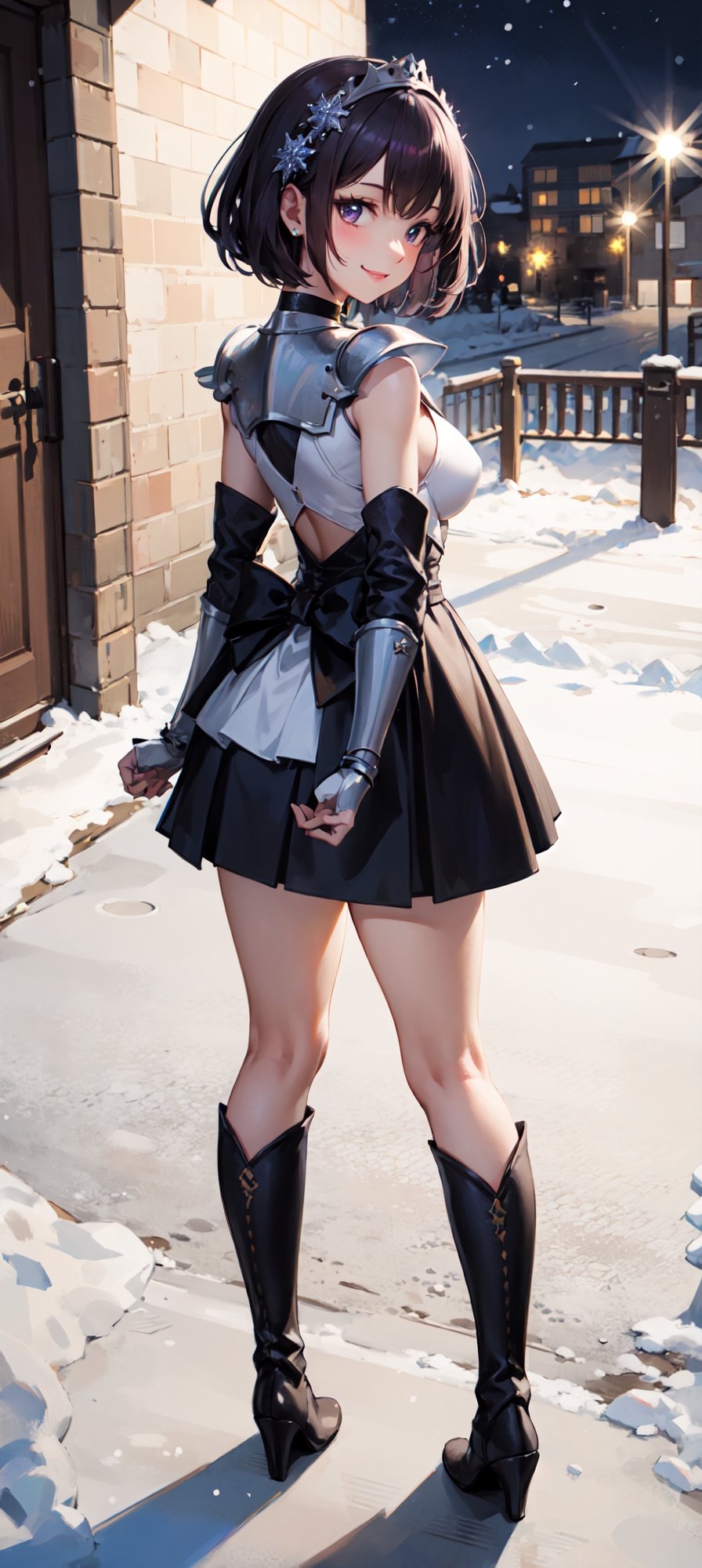 (masterpiece, best quality:1.2), full body, view from side, solo, 1girl,  smile, looking at viewer, tiara, armor costume, breastplate, armor skirt, steel skirt, silver skirt, black steel knee boots, jewelry, brooch, choker, full body, boots, innocent eyes, busty, black bow on back, snow, winter, snowflakes, galaxy sky, full body, snow, night, snowflakes, happy, busty, looking at viewer, Detailedface, confident, love, soft breast, love, caring, smiling, smile, appreciate, point of view,  view from above, closeup, close_up, alert, tension, prepare to battle, prepare to fight, ready to fight, closed_mouth, protecting viewer, bare legs, playful, view from bottom, happy, smile, standing, outdoor, short hair, dark purple hair, small breast, bare legs, from behind, view from behind