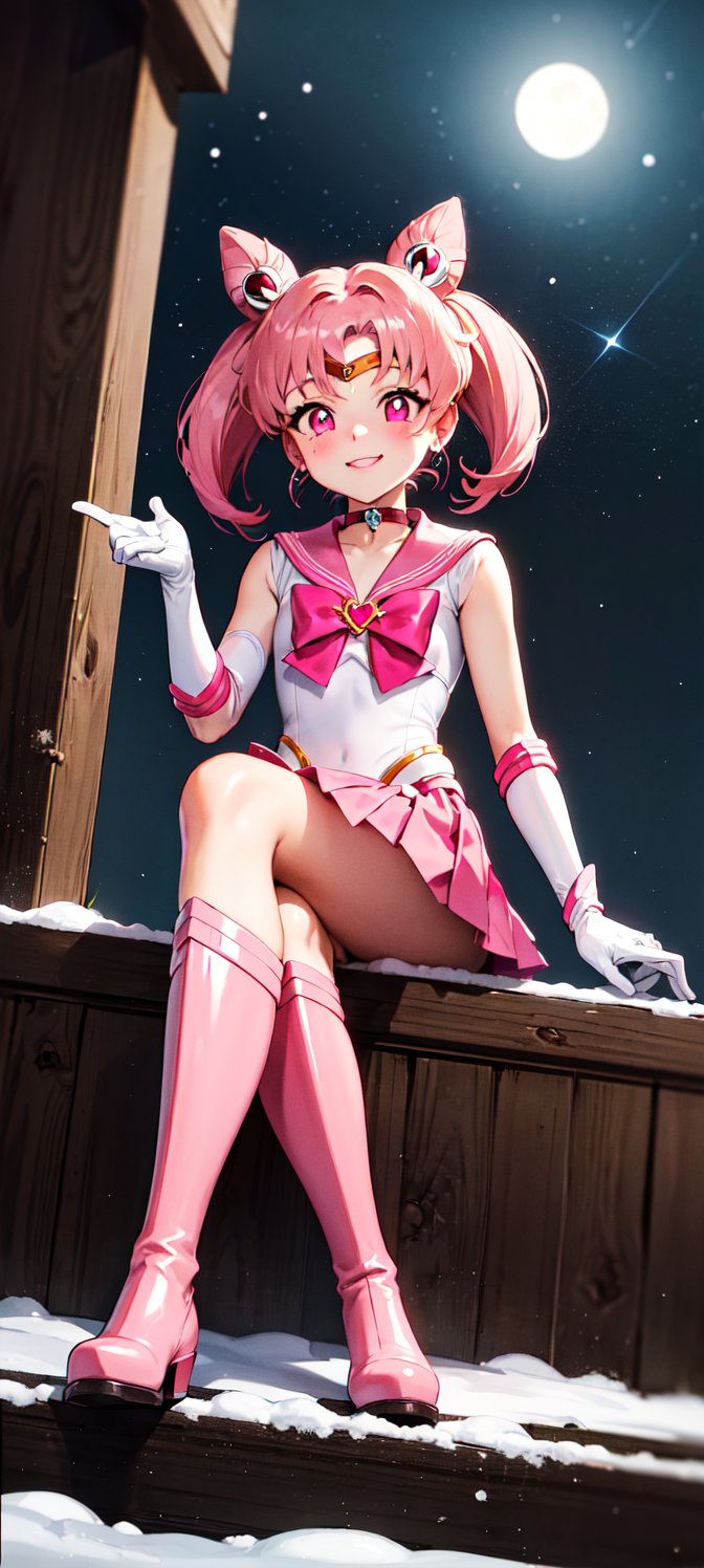 best quality, chibiusa, highres, 1girl, masterpiece, 1girl, pink_hair, ((pink sailor senshi uniform)), ((pink sailor collar)), ((pink skirt)), point of view, double bun, parted bangs, tiara, jewelry, earrings, pink choker, pink bow, white gloves, elbow gloves, night, smile, lights, point of view, happy, looking at viewer, Detailedface, confident, love, caring, appreciate, pride, caring eyes, caring, comfortable, (((extremely detailed cute anime face))), ((innocent anime eyes)), loving, protecting viewer, ((night)), ((kind)), ((good hearted)), ((white gloves)), ((elbow glove)), ((pink boots)), ((pink knee boots)), ((mini skirt)), snow, night, ((stars)), trees, ((fresh color)), ((12 years old)), ((heart brooch)), magical girl, hair ornament, cone hair bun, ((pink eyes)), ((sitting on stair)), ((from below)) ((white panty)), ((leg spread))