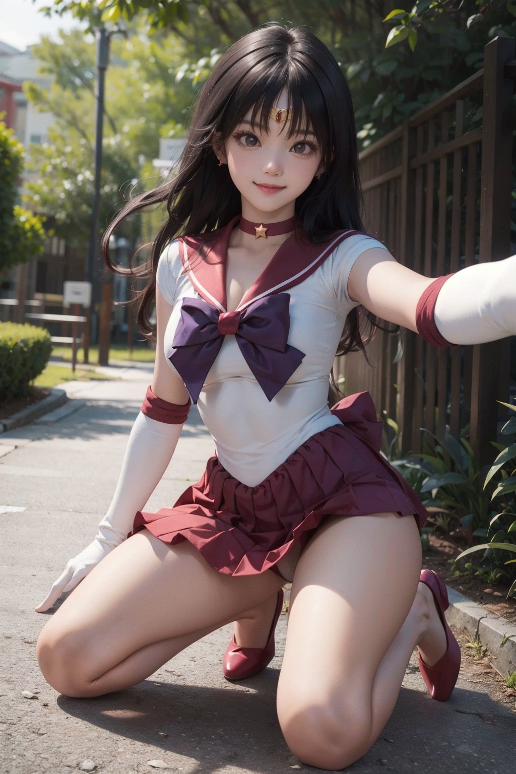 masterpiece, best quality, highres, sama1, tiara, sailor senshi uniform, white gloves, red sailor collar, red skirt, star choker, elbow gloves, bare legs, purple bow, sexy, outdoors, pantyshot, sexy, point of view, full body, want to hug, forest, kneeling, selfie, happy, busty, smile, caring, view from bottom