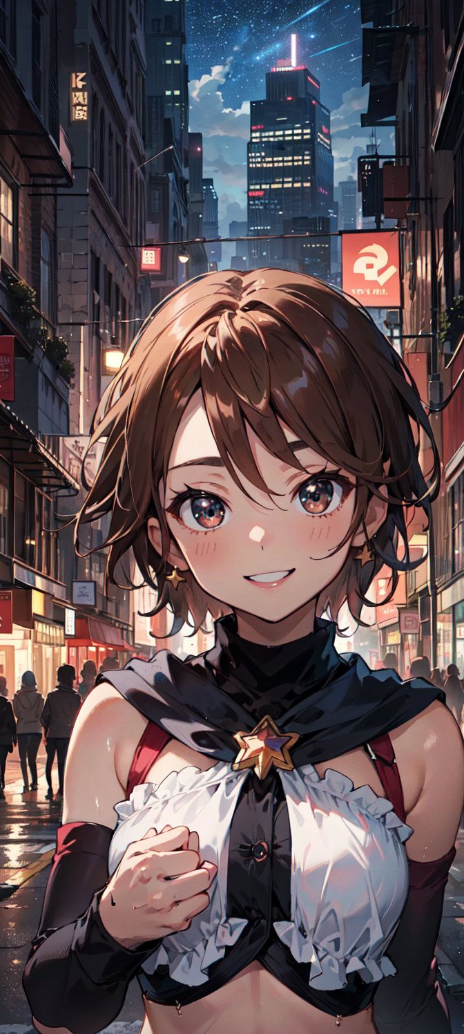  masterpiece, best quality, highres, 1girl, solo, brown eyes, brown hair, dress, short hair, magical girl, brooch, ((upper body only)), ((big eyes)), stars, ((city)), ((skyscrapers)), night, misumi_nagisa, ((smiling in confident)), ((arm warmer)), ((black leg warmer)), ((energetic)), ((upbeat)), ((spunky)), ((street)), ((crop top)), ((sexy)), , ((full portrait)), ((facing viewer)), ((portrait)),