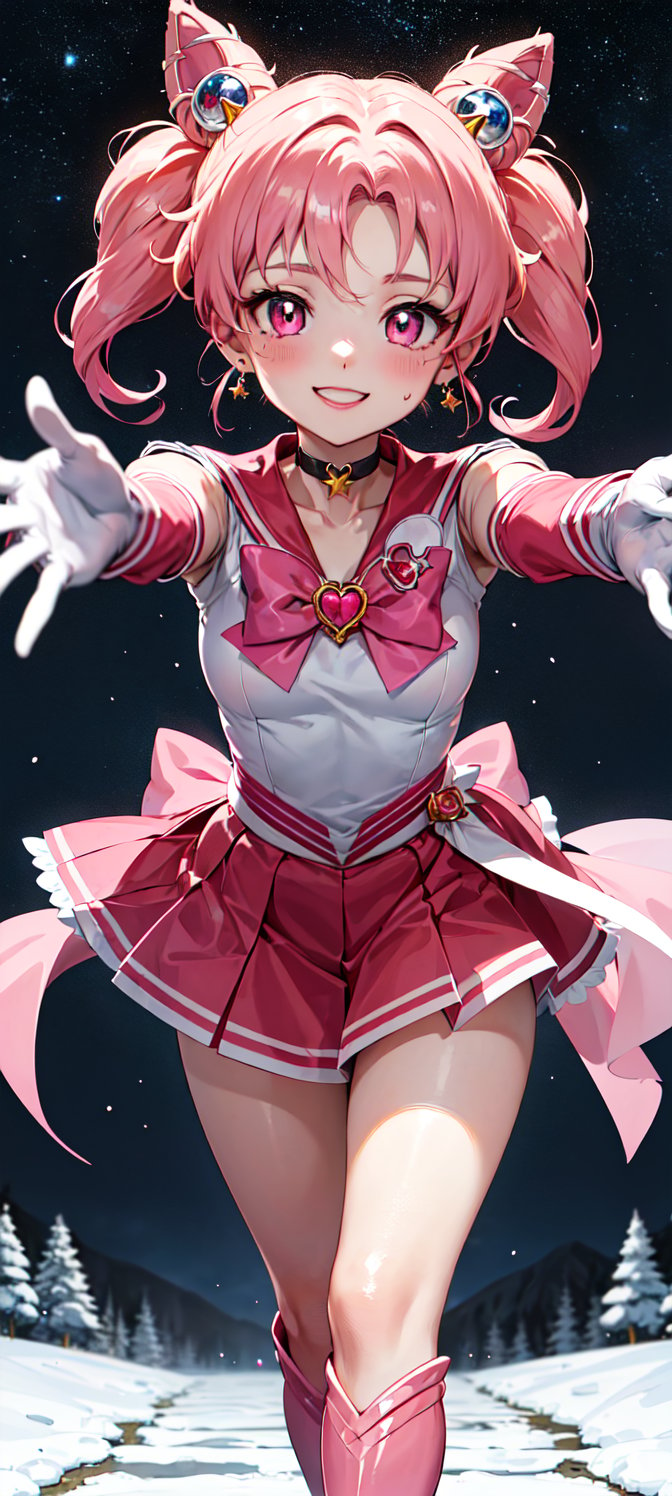 best quality, chibiusa, highres, 1girl, masterpiece, 1girl, pink_hair, ((pink sailor senshi uniform)), ((pink sailor collar)), ((pink skirt)), point of view, double bun, parted bangs, tiara, jewelry, earrings, pink choker, pink bow, white gloves, elbow gloves, night, smile, lights, point of view, happy, looking at viewer, Detailedface, confident, love, caring, appreciate, pride, caring eyes, caring, comfortable, (((extremely detailed cute anime face))), ((innocent anime eyes)), loving, protecting viewer, ((night)), ((kind)), ((good hearted)), ((white gloves)), ((elbow glove)), ((pink boots)), ((pink knee boots)), ((mini skirt)), snow, night, ((stars)), trees, ((fresh color)), ((12 years old)), ((heart brooch)), magical girl, hair ornament, cone hair bun, ((pink eyes)), ((portrait)), ((reaching)), ((open arms towards viewer)), ((incoming hug)), ((running towards viewer)), ((leaning forward)), ((pink waist bow))