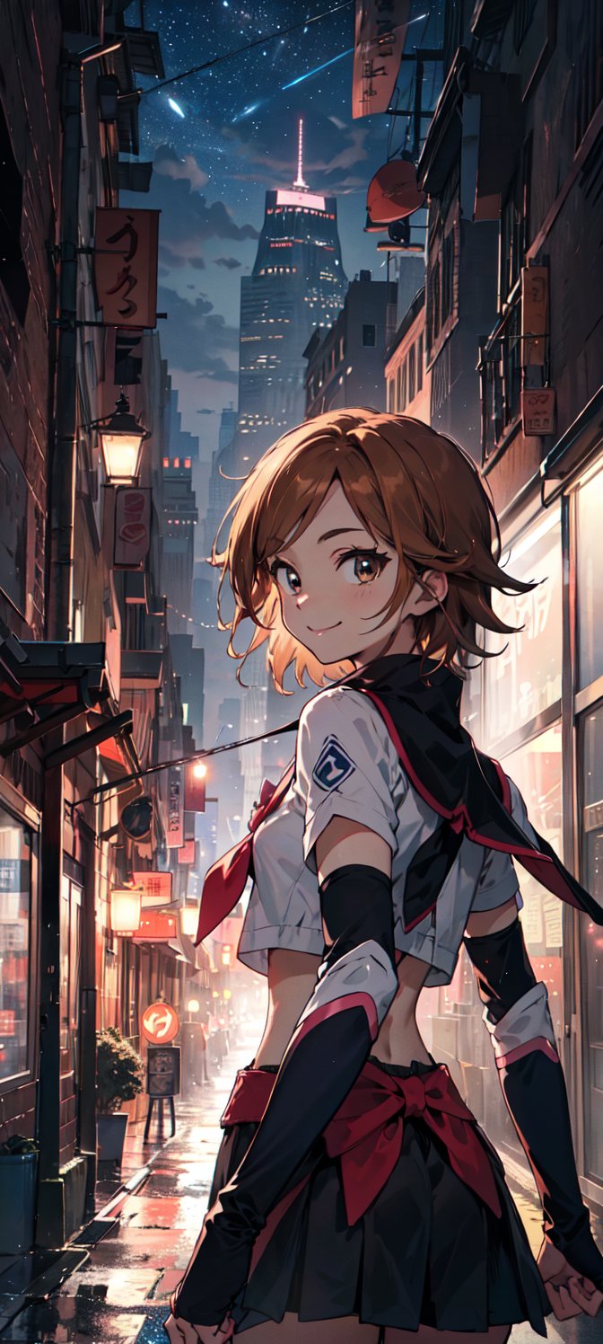 masterpiece, best quality, highres, 1girl, solo, brown eyes, brown hair, dress, short hair, magical girl, brooch, ((upper body only)), ((big eyes)), stars, ((city)), ((skyscrapers)), night, misumi_nagisa, ((smiling in confident)), ((arm warmer)), ((black leg warmer)), ((energetic)), ((upbeat)), ((spunky)), ((street)), ((crop top)), ((walking away from viewer)), ((look back))