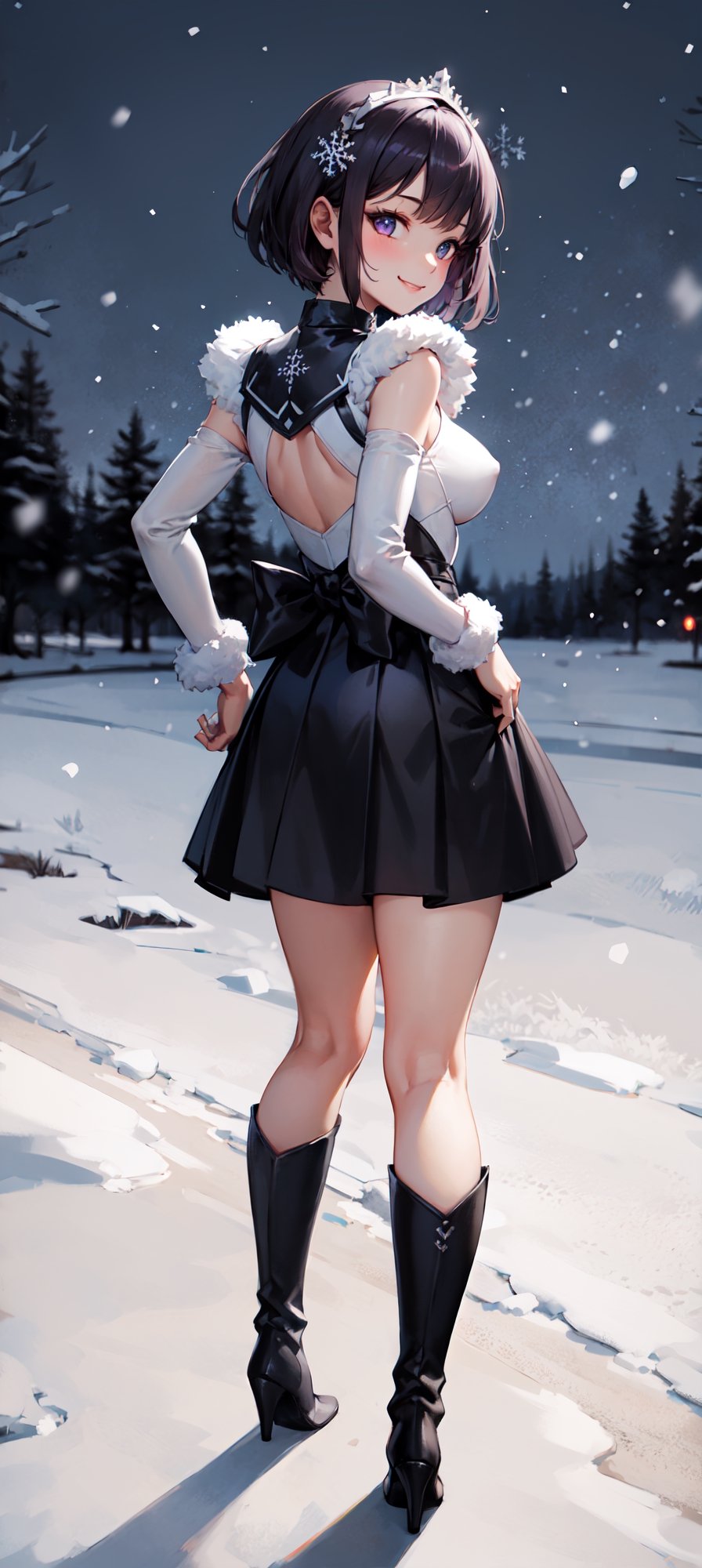 (masterpiece, best quality:1.2), full body, view from side, solo, 1girl,  smile, looking at viewer, tiara, armor costume, breastplate, armor skirt, steel skirt, silver skirt, black steel knee boots, jewelry, brooch, choker, full body, boots, innocent eyes, busty, black bow on back, snow, winter, snowflakes, galaxy sky, full body, snow, night, snowflakes, happy, busty, looking at viewer, Detailedface, confident, love, soft breast, love, caring, smiling, smile, appreciate, point of view,  view from above, closeup, close_up, alert, tension, prepare to battle, prepare to fight, ready to fight, closed_mouth, protecting viewer, bare legs, playful, view from bottom, happy, smile, standing, hand on hip,  outdoor, short hair, dark purple hair, small breast, bare legs, from behind, view from behind