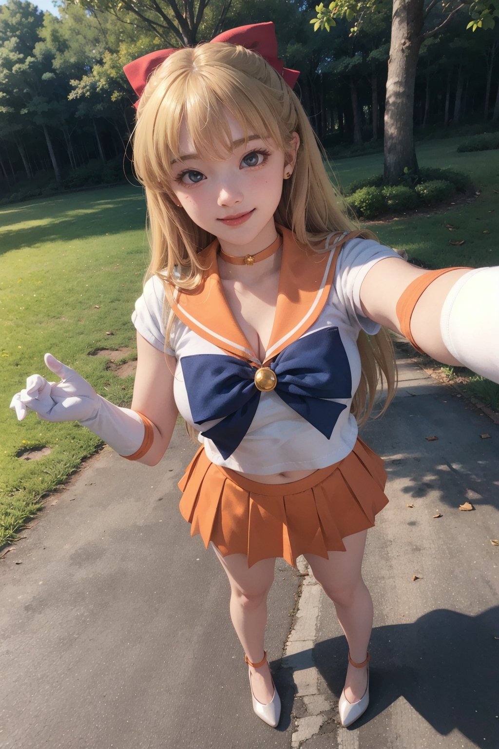 masterpiece, best quality, highres, sv1, sailor senshi uniform, orange skirt, elbow gloves, tiara, orange sailor collar, red bow, orange choker, white gloves, jewelry, (1990s \(style\):0.9), , outdoors, pantyshot, sexy, point of view, full body, want to hug, forest, busty, happy, smiling, orange heels, golden hair, long hair, positivity, positive, detailed face, Detailedface, mini skirt, sailor senshi uniform