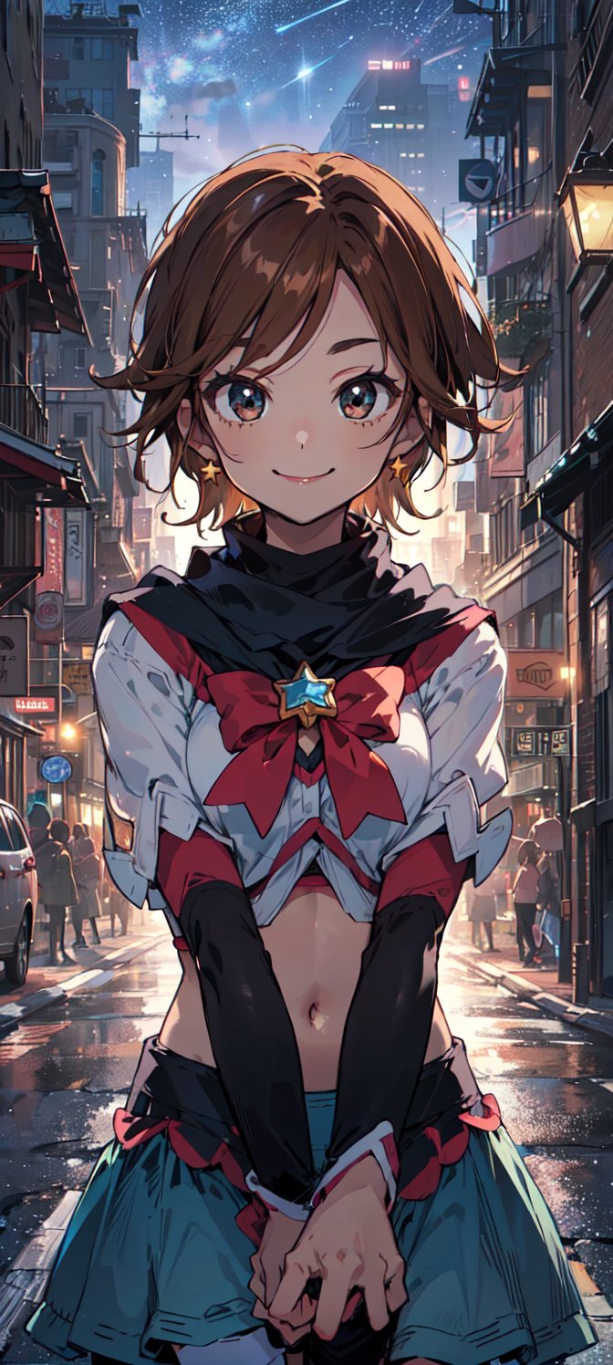 masterpiece, best quality, highres, 1girl, solo, brown eyes, brown hair, dress, short hair, magical girl, brooch, ((upper body only)), ((big eyes)), stars, ((city)), ((skyscrapers)), night, misumi_nagisa, ((smiling in confident)), ((arm warmer)), ((black leg warmer)), ((energetic)), ((upbeat)), ((spunky)), ((street)), ((crop top))