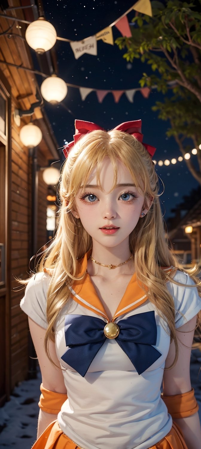 masterpiece, best quality, highres, sv1, solo, looking at viewer, sailor senshi uniform, orange skirt, tiara, ((orange sailor collar)), red bow, orange choker, jewelry, village, cottage, trees, lights, snow,  point of view, happy,  long hair, positivity, positive, detailed face, Detailedface, mini skirt, sailor senshi uniform, point of view, loving, small breast, orange skirt, big yellow back bow, happy, excited, cute, sweetie, loving, viewer, confident, happy,  ((golden hair)), ((closed mouth)), night, stars, , ((19 year old)), ((young 19 year old)), ((19 year old girl)), ((girl)), , ((19 years old)), ((19 year old)), ((1girl))