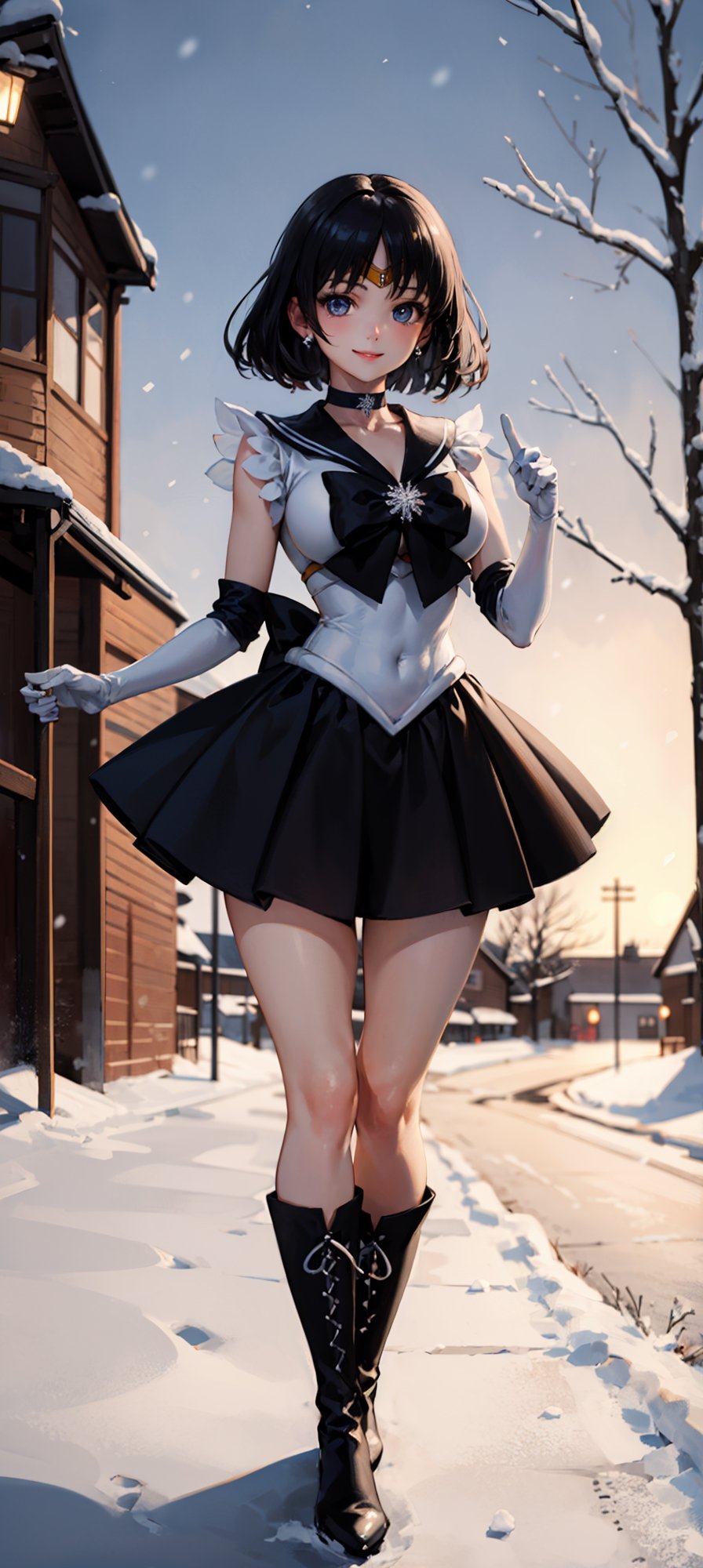 (masterpiece, best quality:1.2), full body, solo, 1girl, sailor saturn, magical girl, smile, tiara, sailor senshi uniform, elbow gloves, jewelry, brooch, choker, full body, boots, innocent eyes, busty, black bow on back, snow, winter, snowflakes, village, cottage, trees, lights, sexy, point of view, full body, snow, night, snowflakes, happy, busty, looking at viewer, Detailedface, confident, love, soft breast, love, caring, smiling, smile, appreciate, point of view, childish