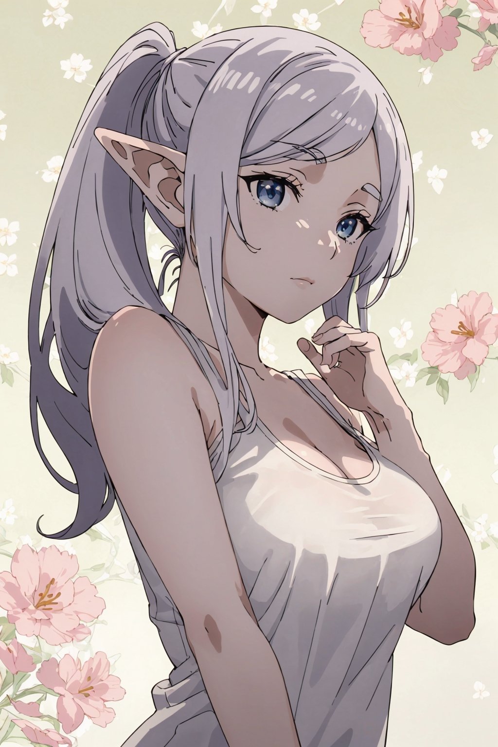 ((Botanical art bedroom background)),
8k resolution, realistic, anime screencap, 
 a cute girl, 
(large breasts:1.25), bangs, hair pulled back sidelocks, (pale hair), solo, 1 girl,
flowing hair, elf ear, 
(short tank top:1.06),
(see through:1.21),
(nsfw:0.83), (full body:0.95),
perfect, hand, frieren,