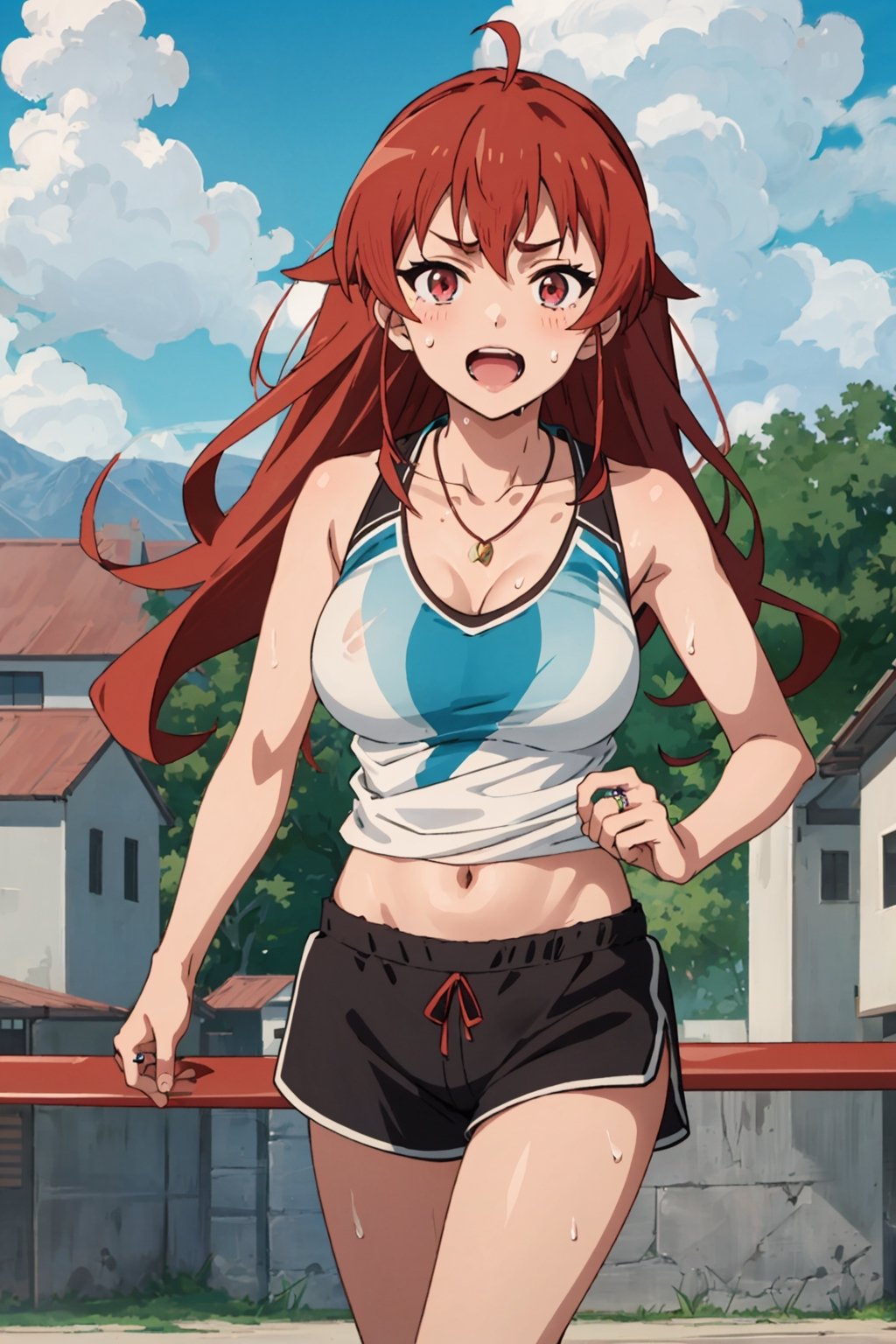 8k resolution, realistic, anime screencap, 
petite, a cute girl, (large breasts:1.2), 
bangs, solo, 1 girl, 12 years old,
necklace, ring, collarbones, school playground, 
blue sky, (dolphin_shorts:0.9), tanktop,
(sweaty top clothes:1.3), (plastered:1.1),
(running:0.9), (smile:0.55), (nsfw:0.8),

