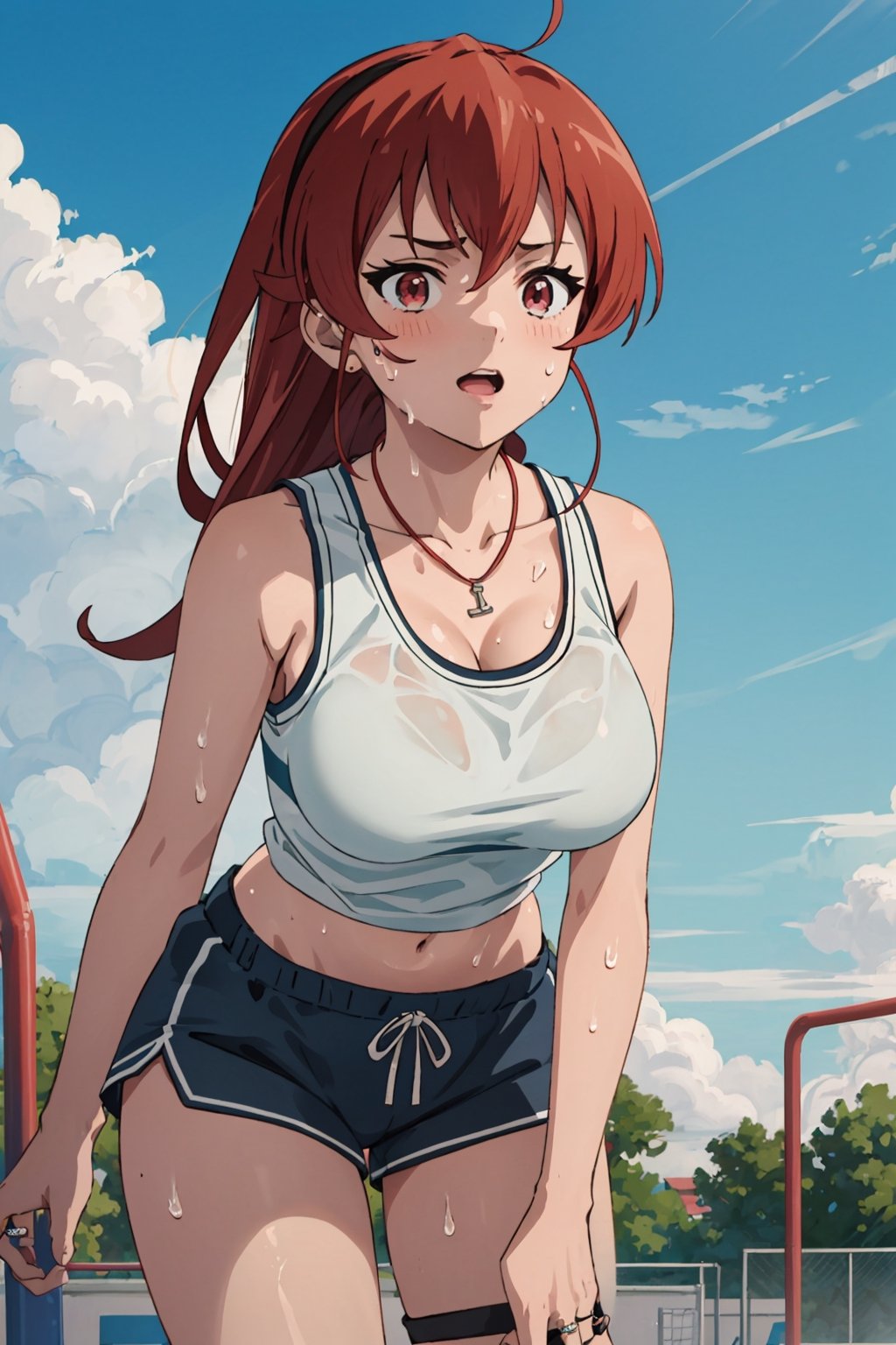 8k resolution, realistic, anime screencap, 
petite, a cute girl, (large breasts:1.2), 
bangs, solo, 1 girl, push up,
necklace, ring, collarbones, school playground, 
blue sky, (dolphin_shorts:0.9), tanktop,
(sweaty top clothes:1.3), (plastered:1.1),
(running:0.9), (smile:0.55), (nsfw:0.85),

