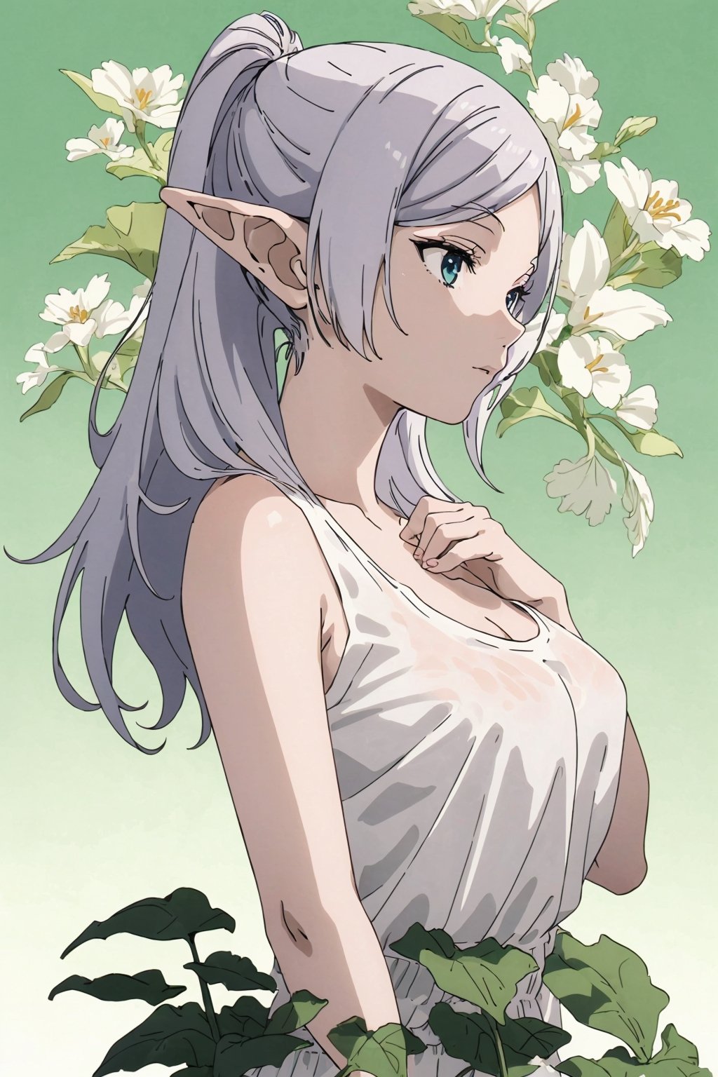 ((Botanical art bedroom background)),
8k resolution, realistic, anime screencap, 
 a cute girl, 
(large breasts:0.85), bangs, hair pulled back sidelocks, (pale hair), solo, 1 girl,
flowing hair, elf ear, 
(short tank top:1.06),
(see through:1.21),
(nsfw:0.83), (full body:0.95),
perfect, hand, frieren,